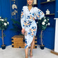 Elsa Sky Blue Floral Wrap Asymmetric Midi Dress