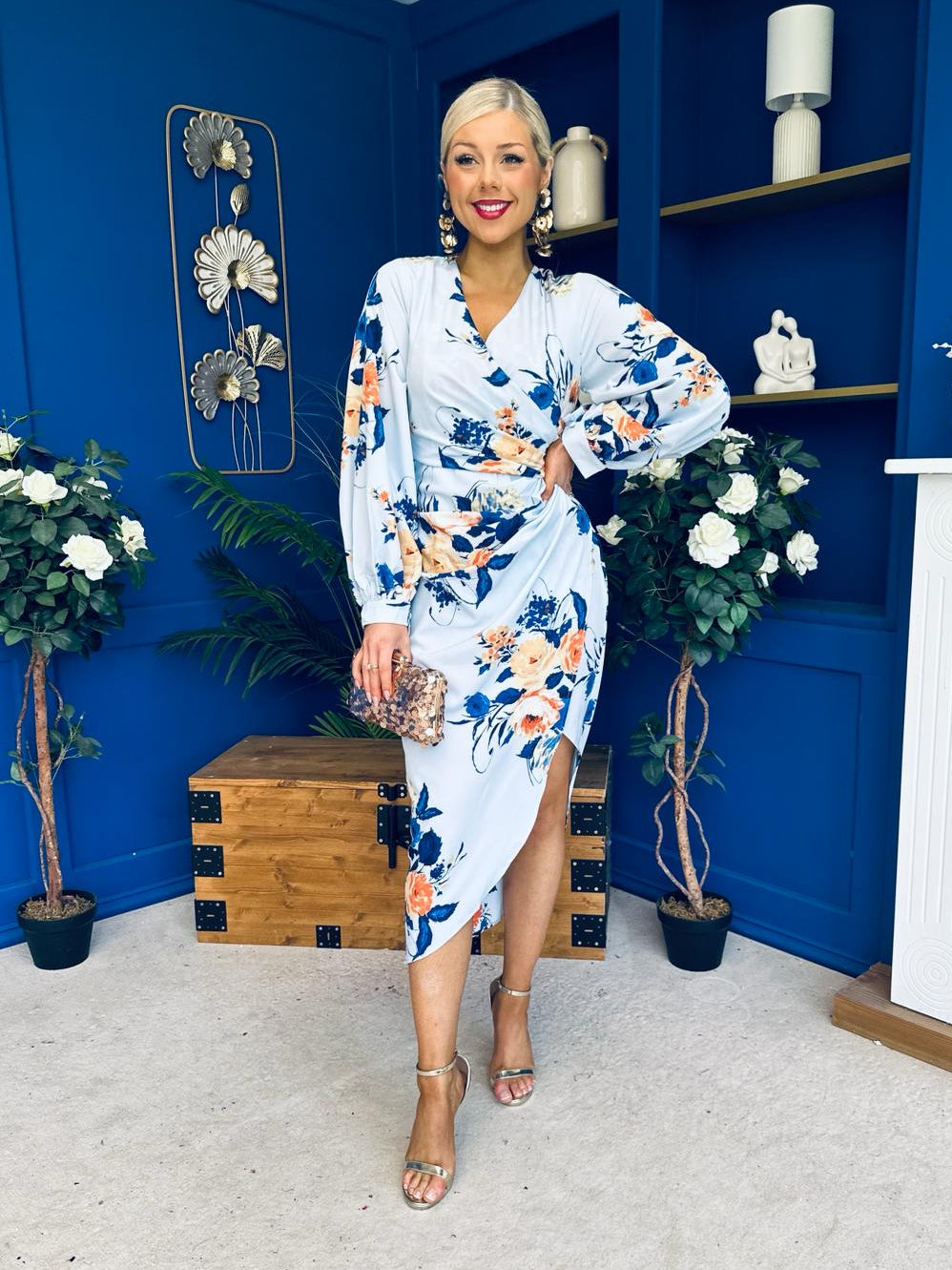 Elsa Sky Blue Floral Wrap Asymmetric Midi Dress