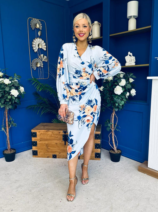 Elsa Sky Blue Floral Wrap Asymmetric Midi Dress