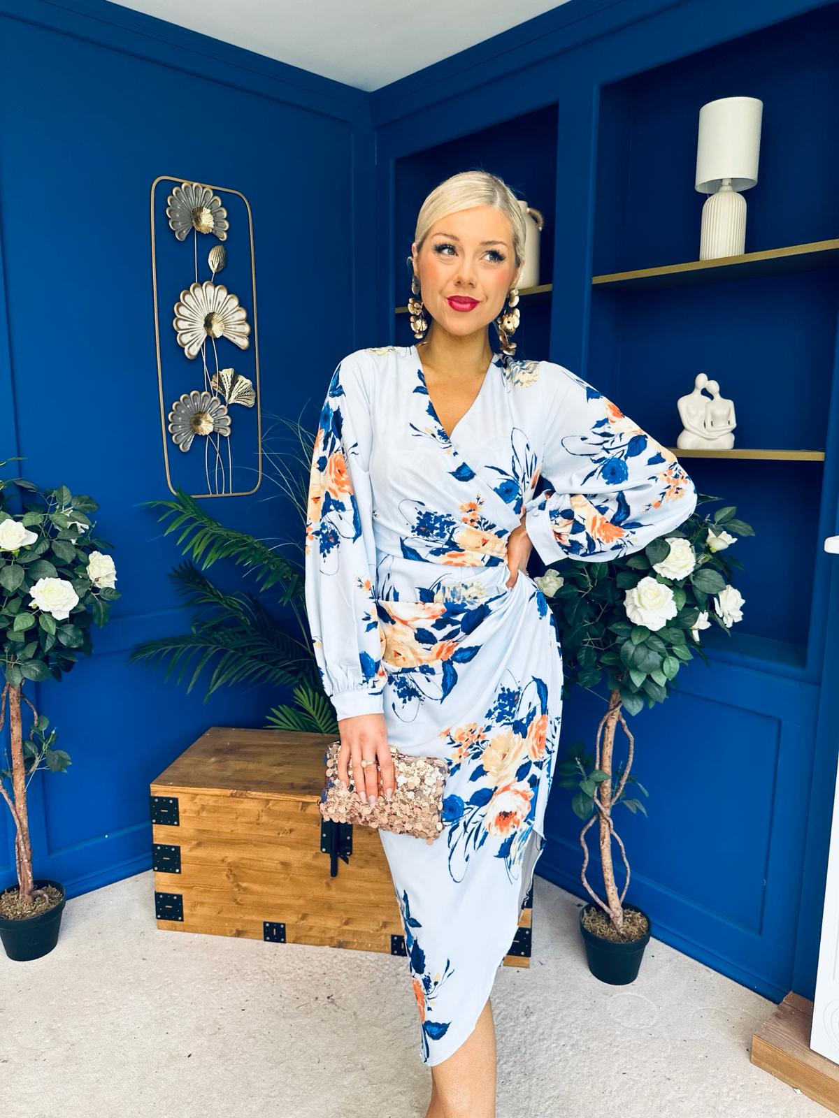 Elsa Sky Blue Floral Wrap Asymmetric Midi Dress