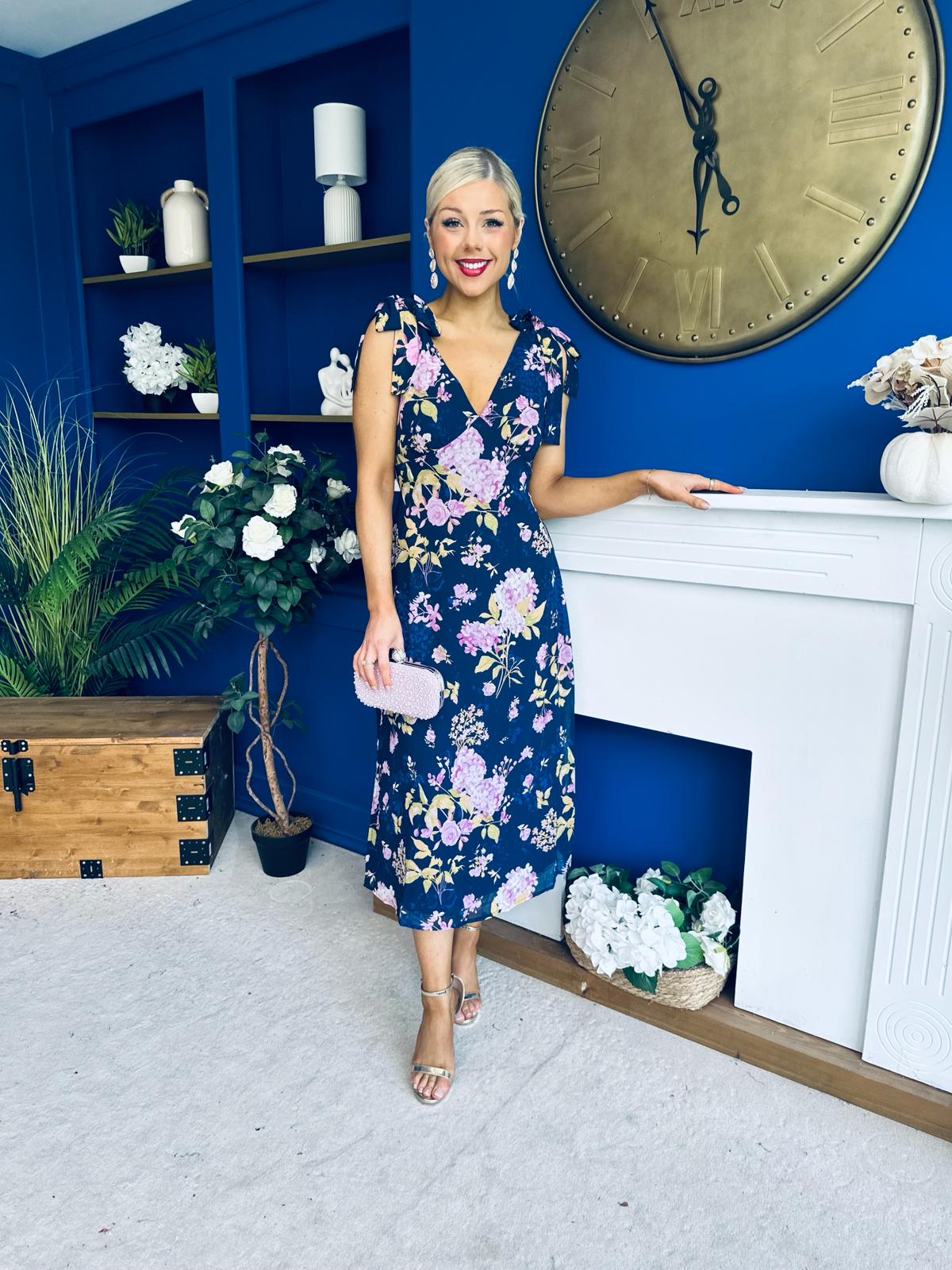 Beverly Floral Tie Shoulder Midi Dress Navy