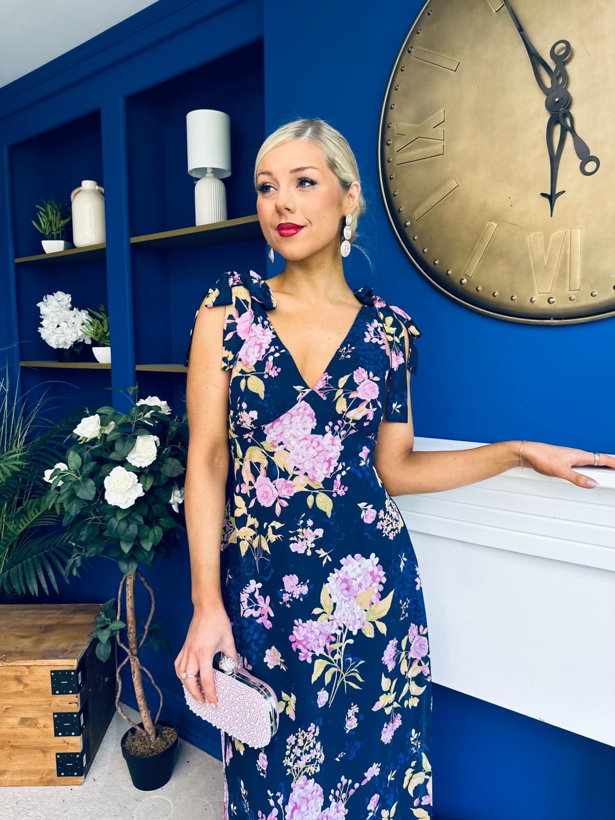 Beverly Floral Tie Shoulder Midi Dress Navy