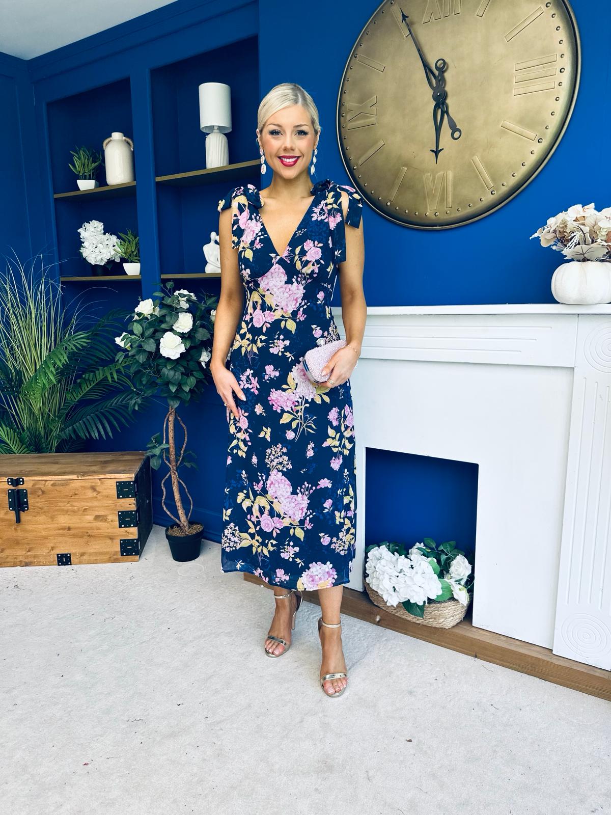 Beverly Floral Tie Shoulder Midi Dress Navy