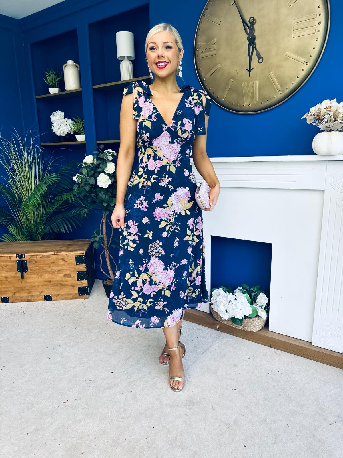 Beverly Floral Tie Shoulder Midi Dress Navy
