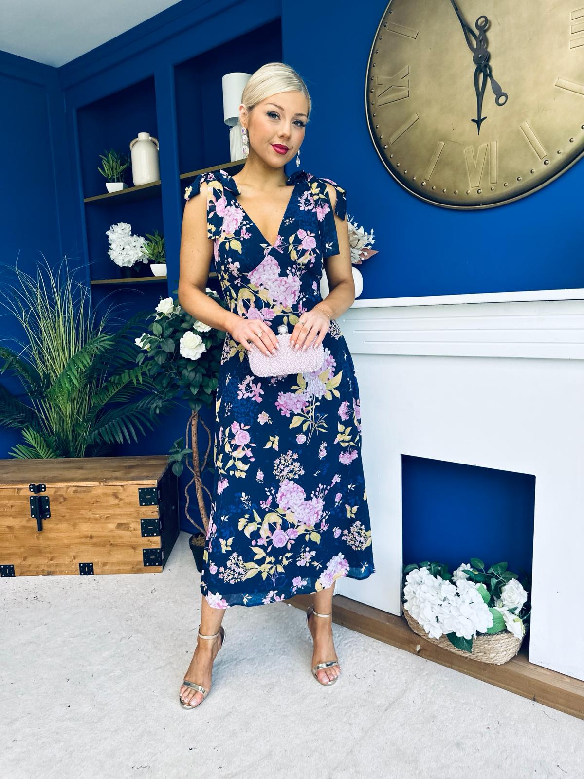 Beverly Floral Tie Shoulder Midi Dress Navy
