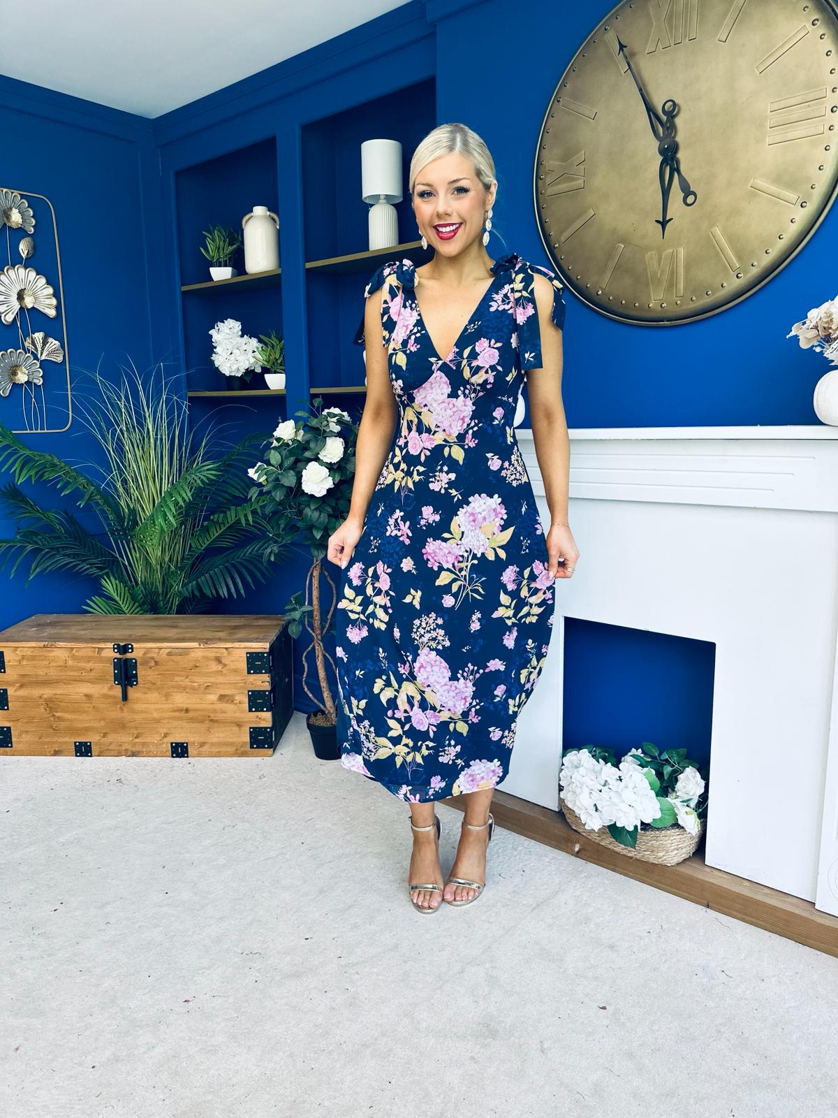 Beverly Floral Tie Shoulder Midi Dress Navy