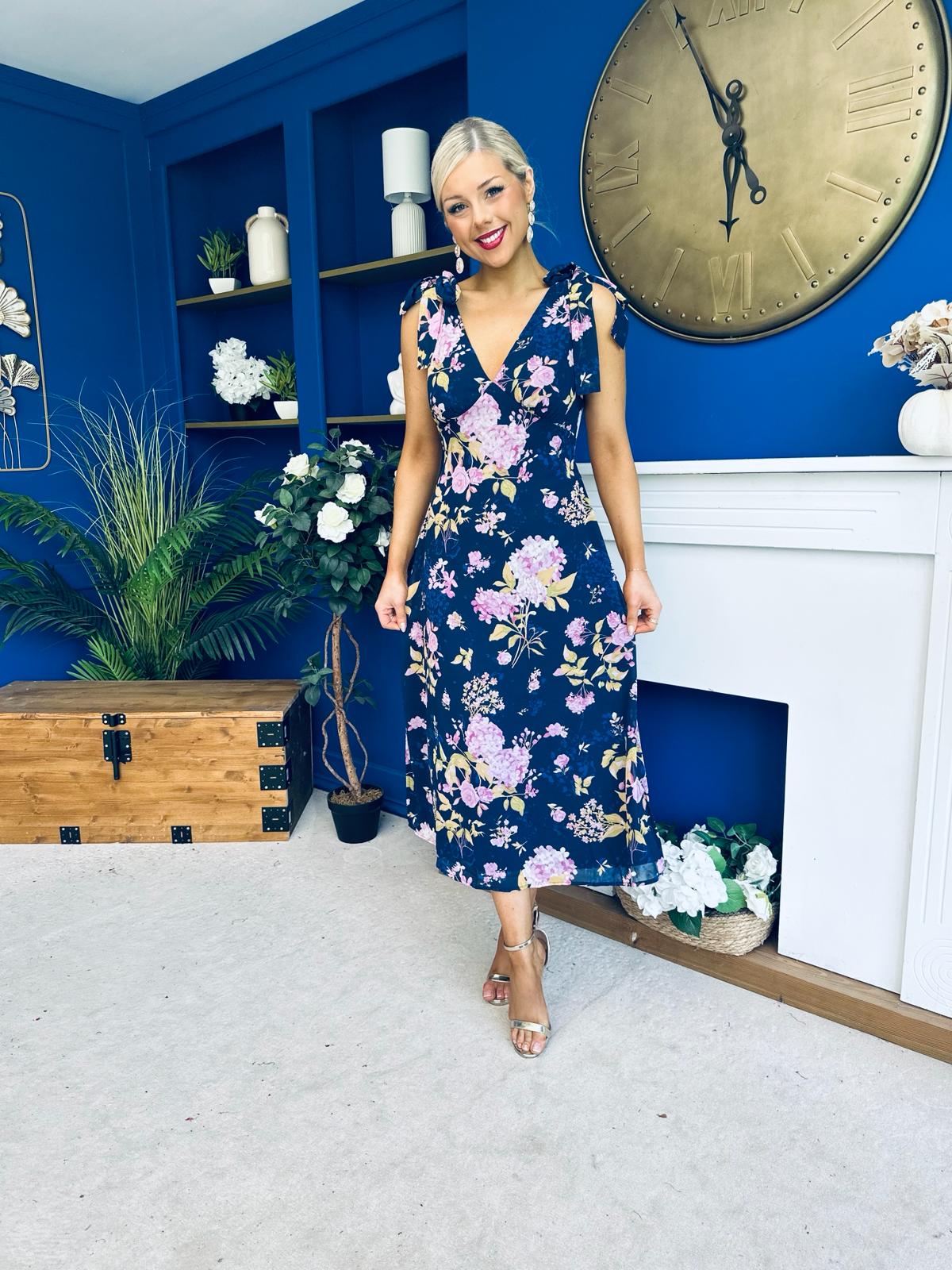 Beverly Floral Tie Shoulder Midi Dress Navy
