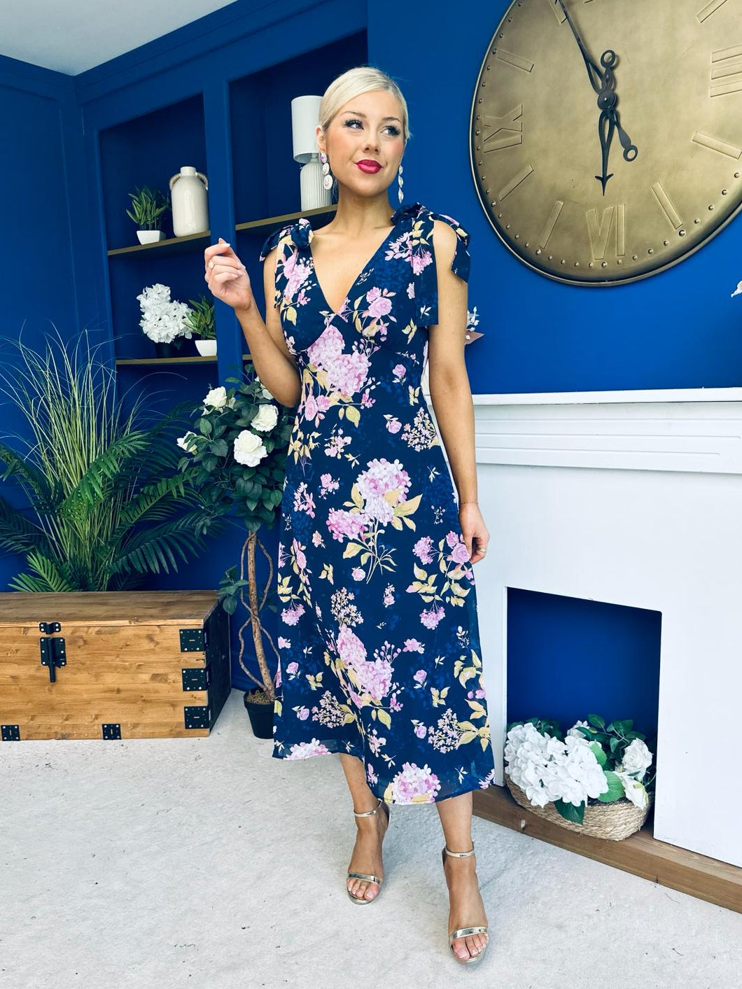 Beverly Floral Tie Shoulder Midi Dress Navy