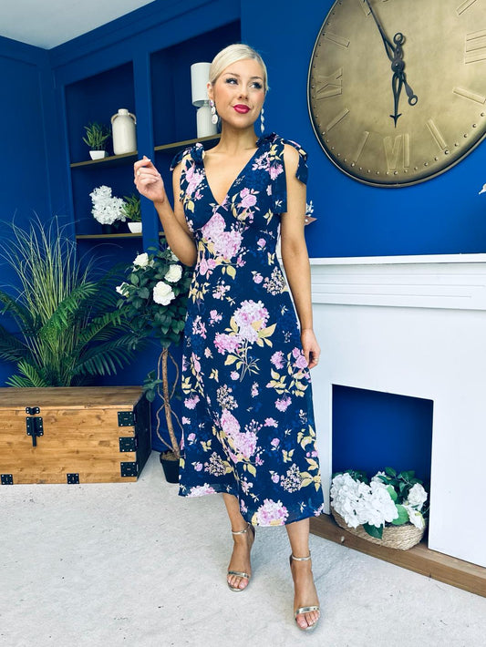 Beverly Floral Tie Shoulder Midi Dress Navy