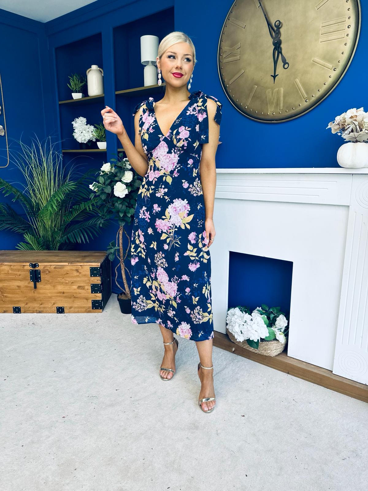 Beverly Floral Tie Shoulder Midi Dress Navy