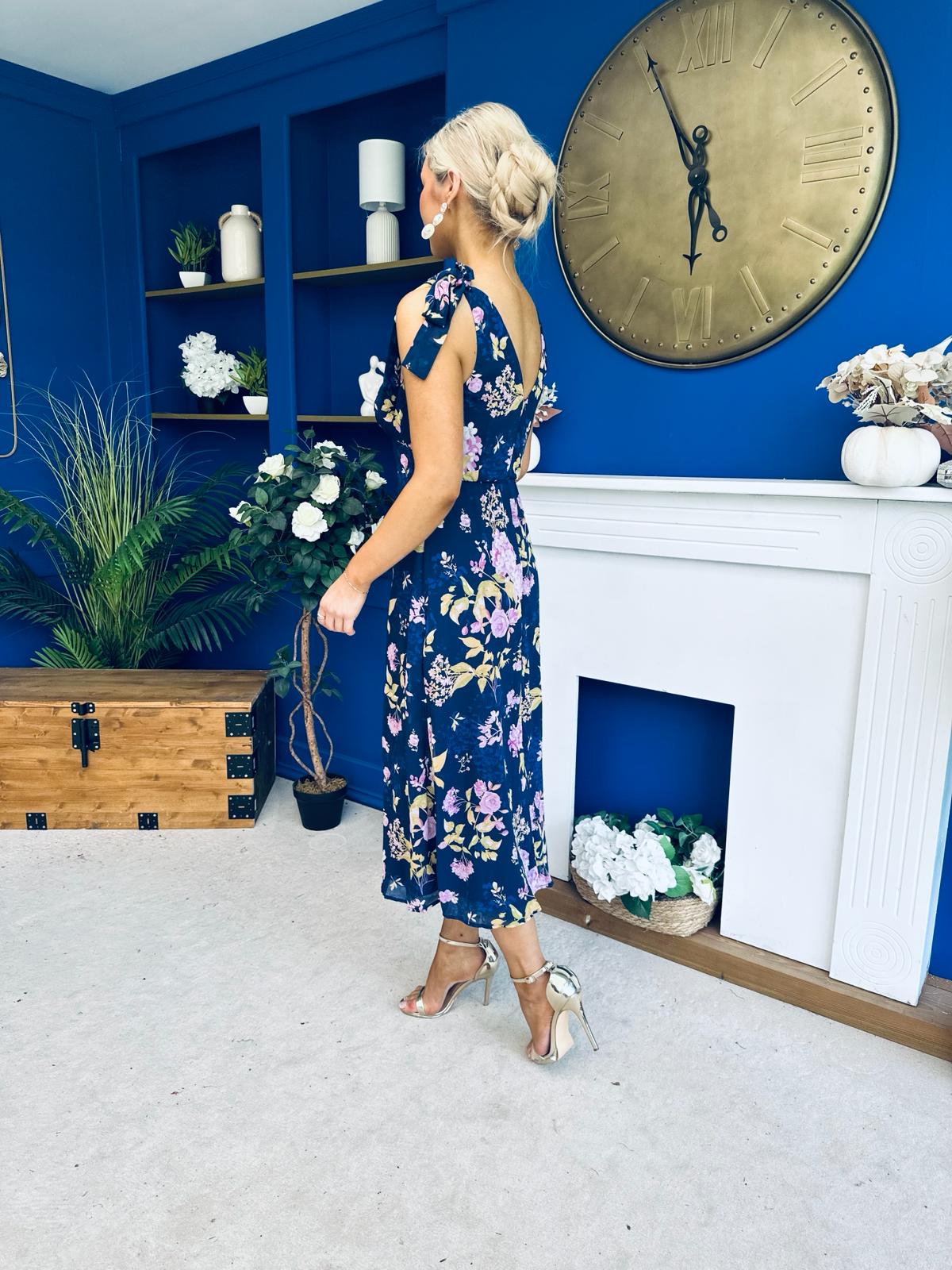 Beverly Floral Tie Shoulder Midi Dress Navy