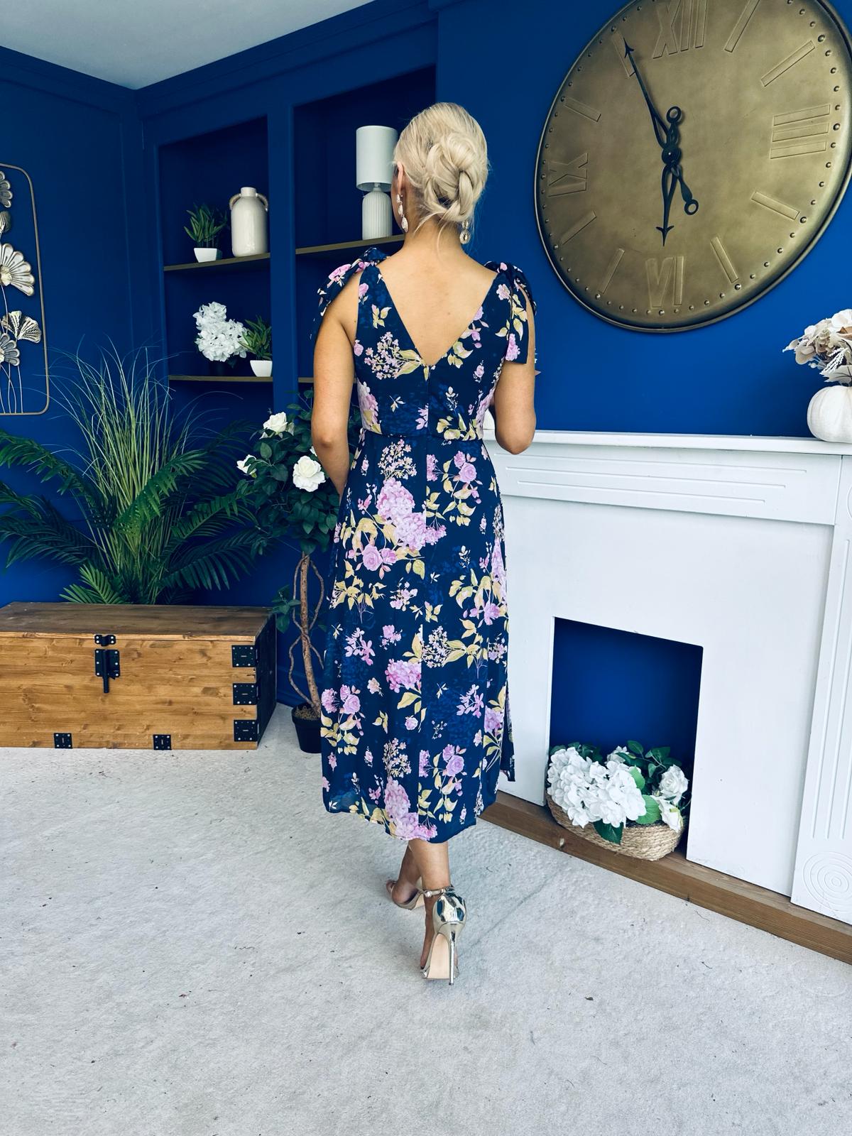 Beverly Floral Tie Shoulder Midi Dress Navy