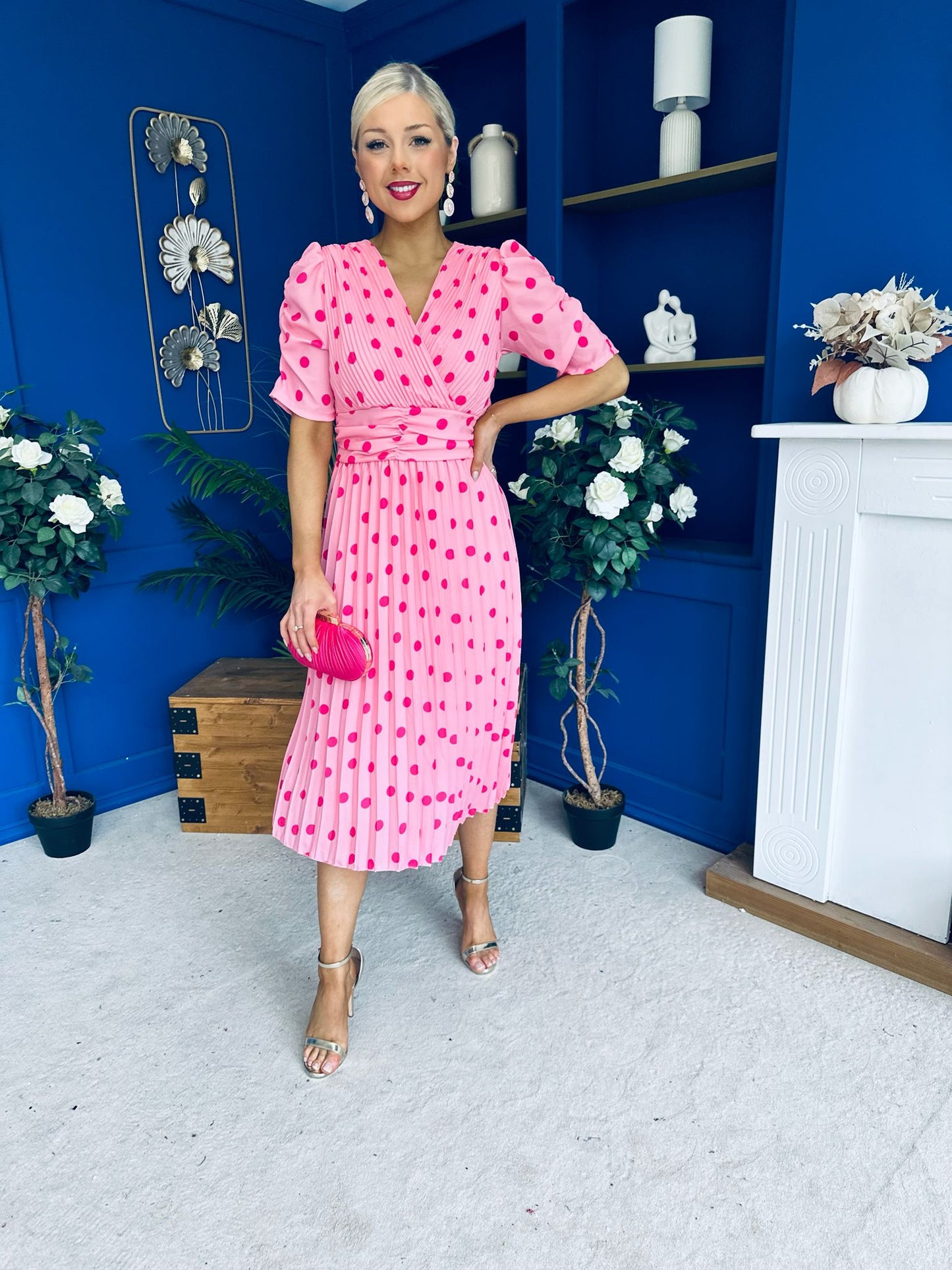 Eirinn Pleated Midi Dress Polka Pink