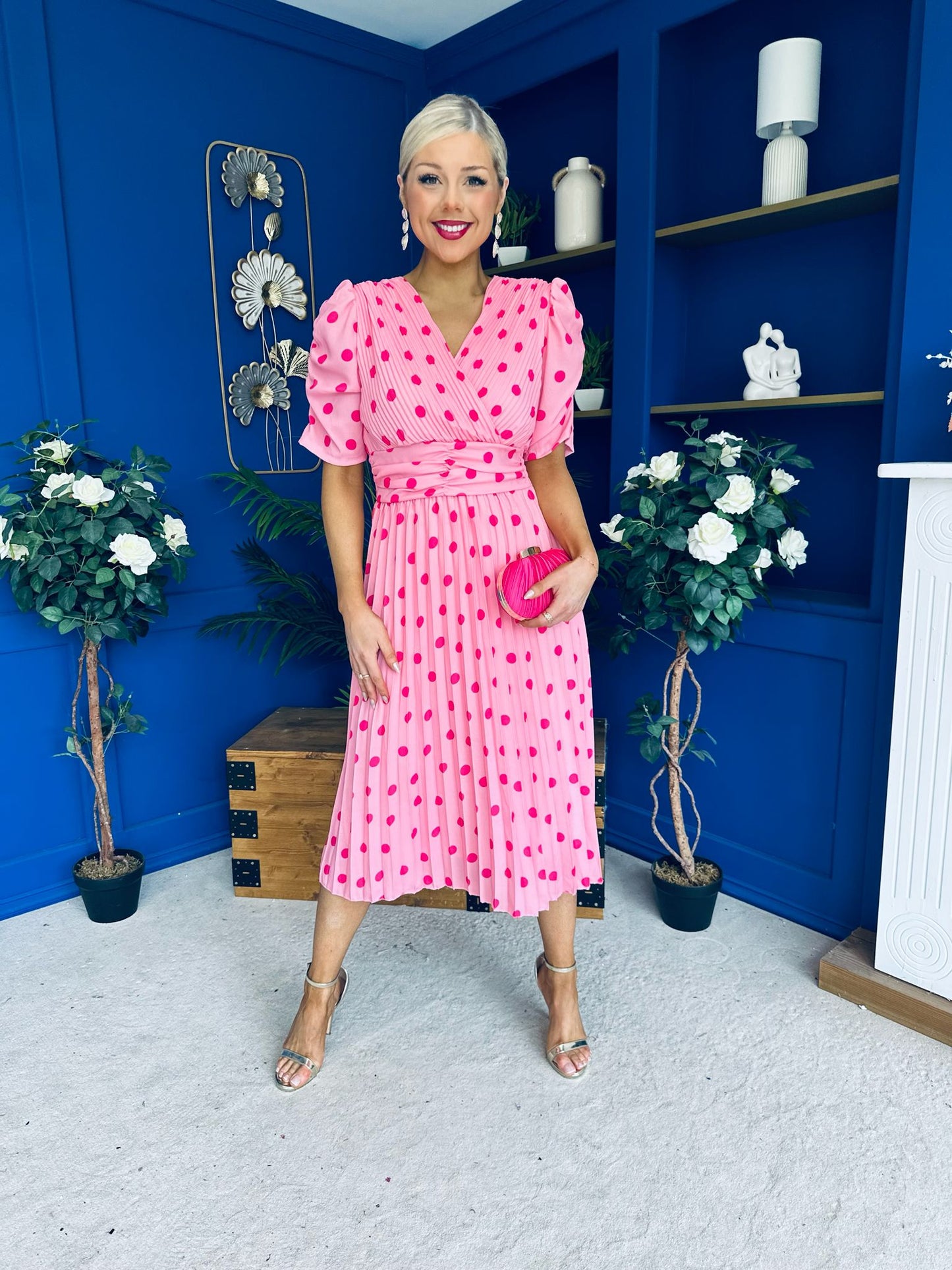 Eirinn Pleated Midi Dress Polka Pink