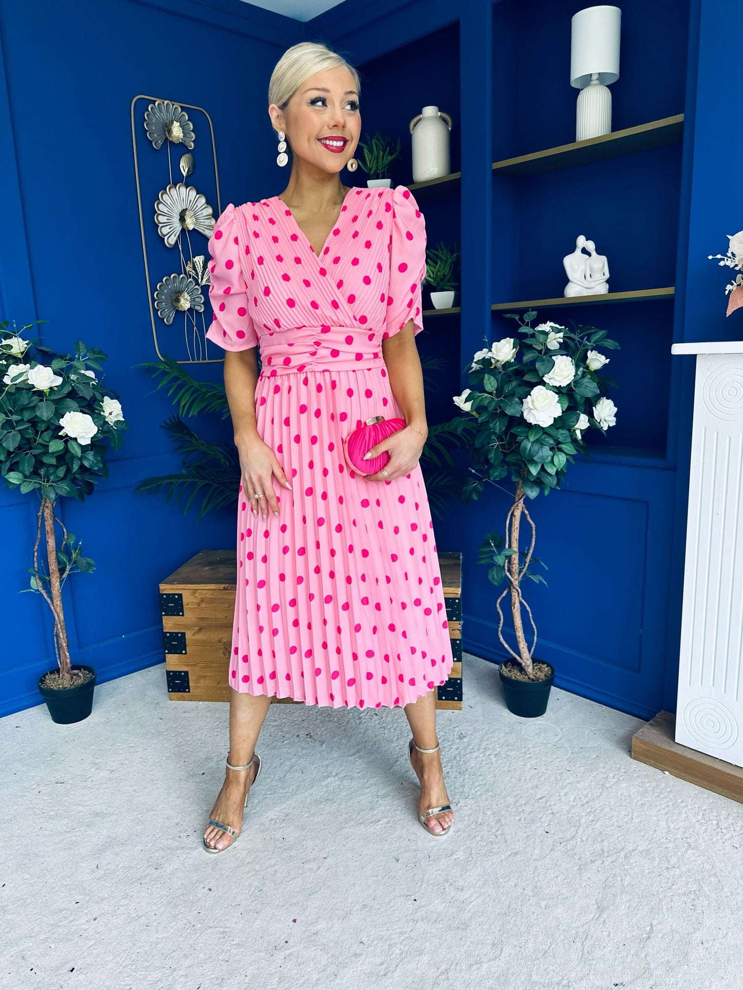 Eirinn Pleated Midi Dress Polka Pink