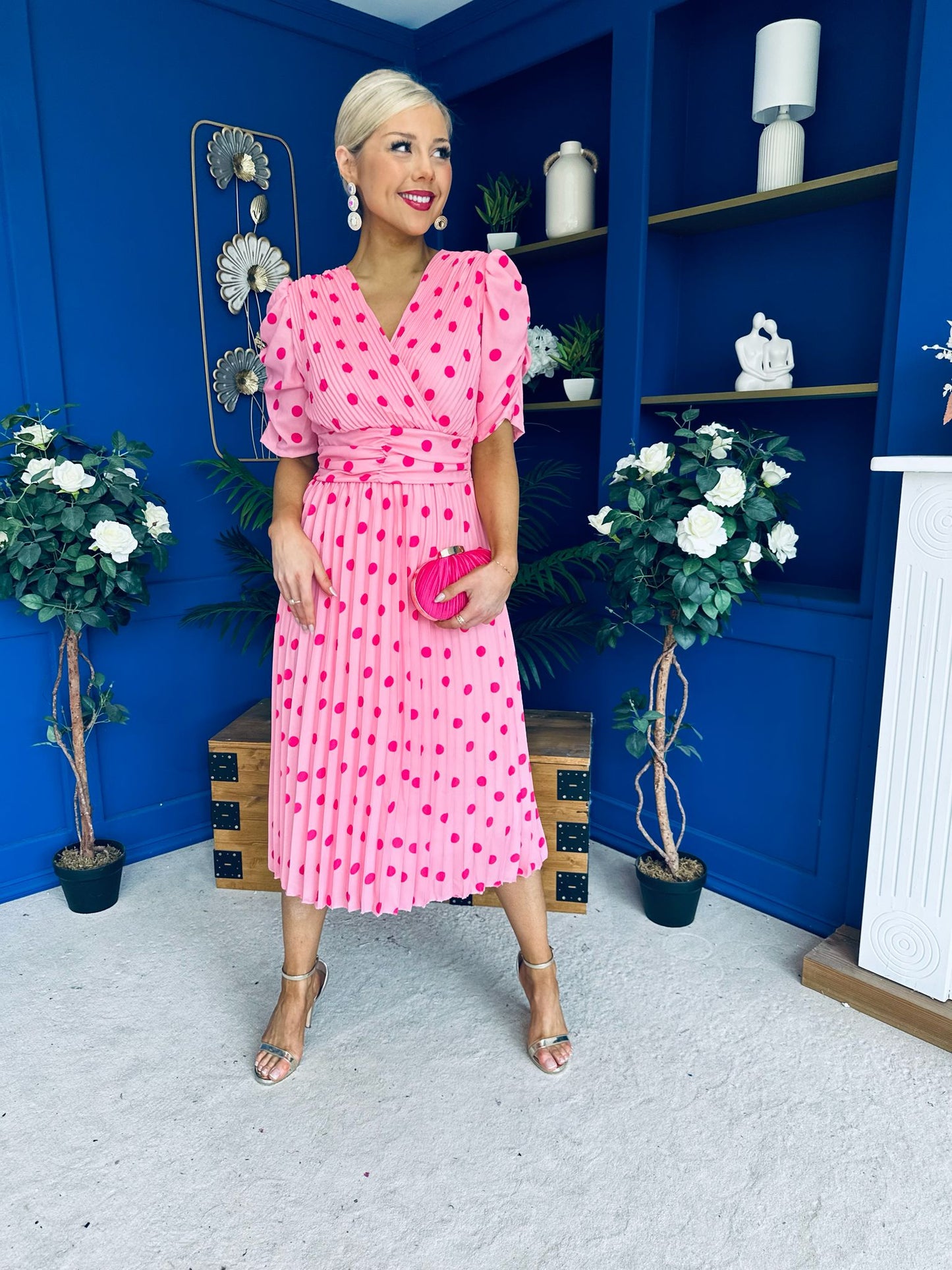 Eirinn Pleated Midi Dress Polka Pink