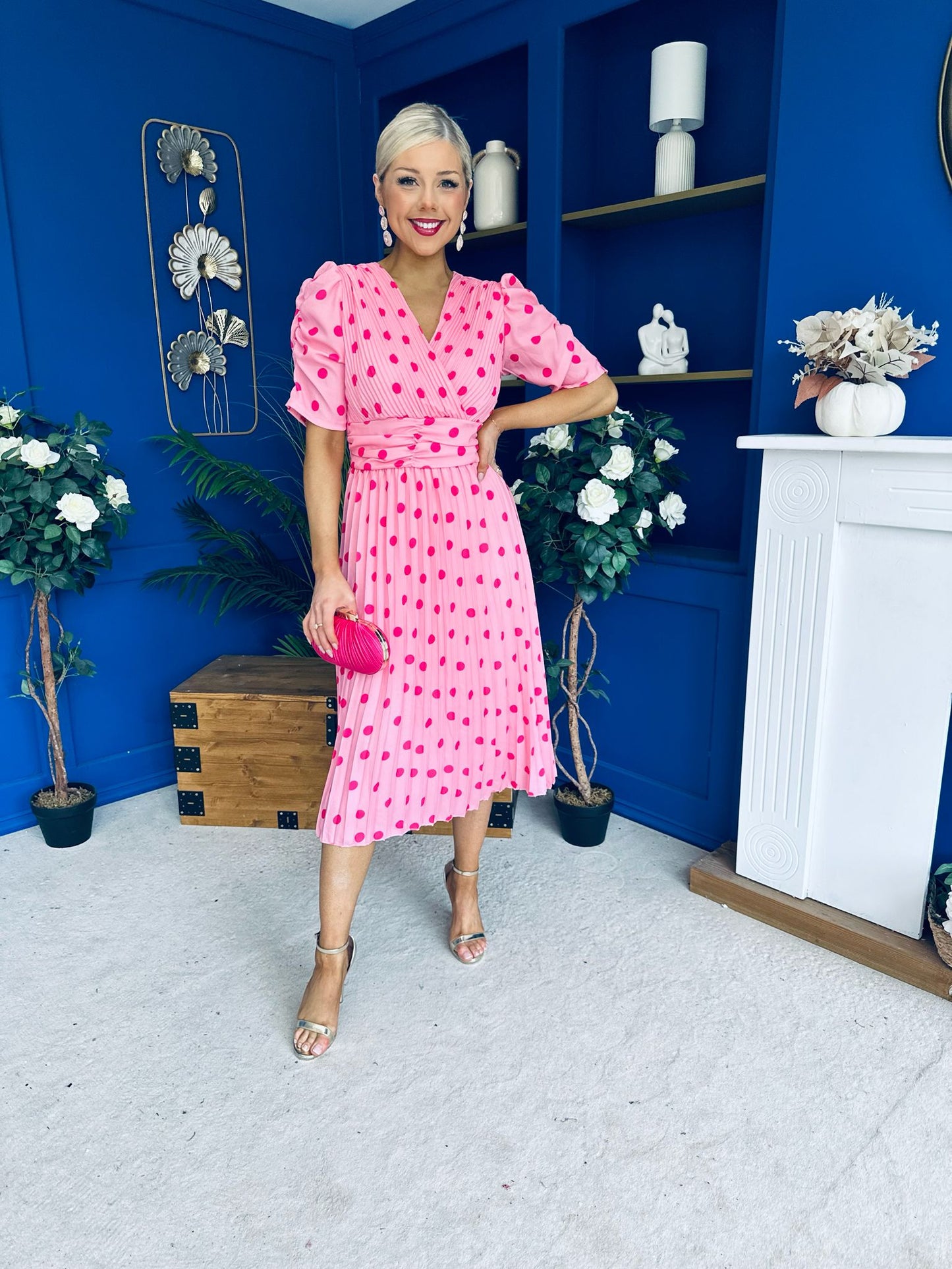 Eirinn Pleated Midi Dress Polka Pink