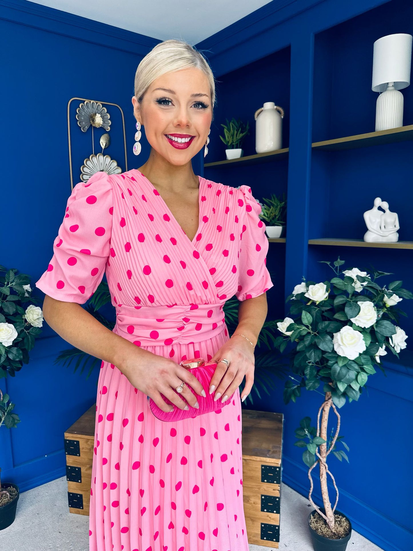 Eirinn Pleated Midi Dress Polka Pink