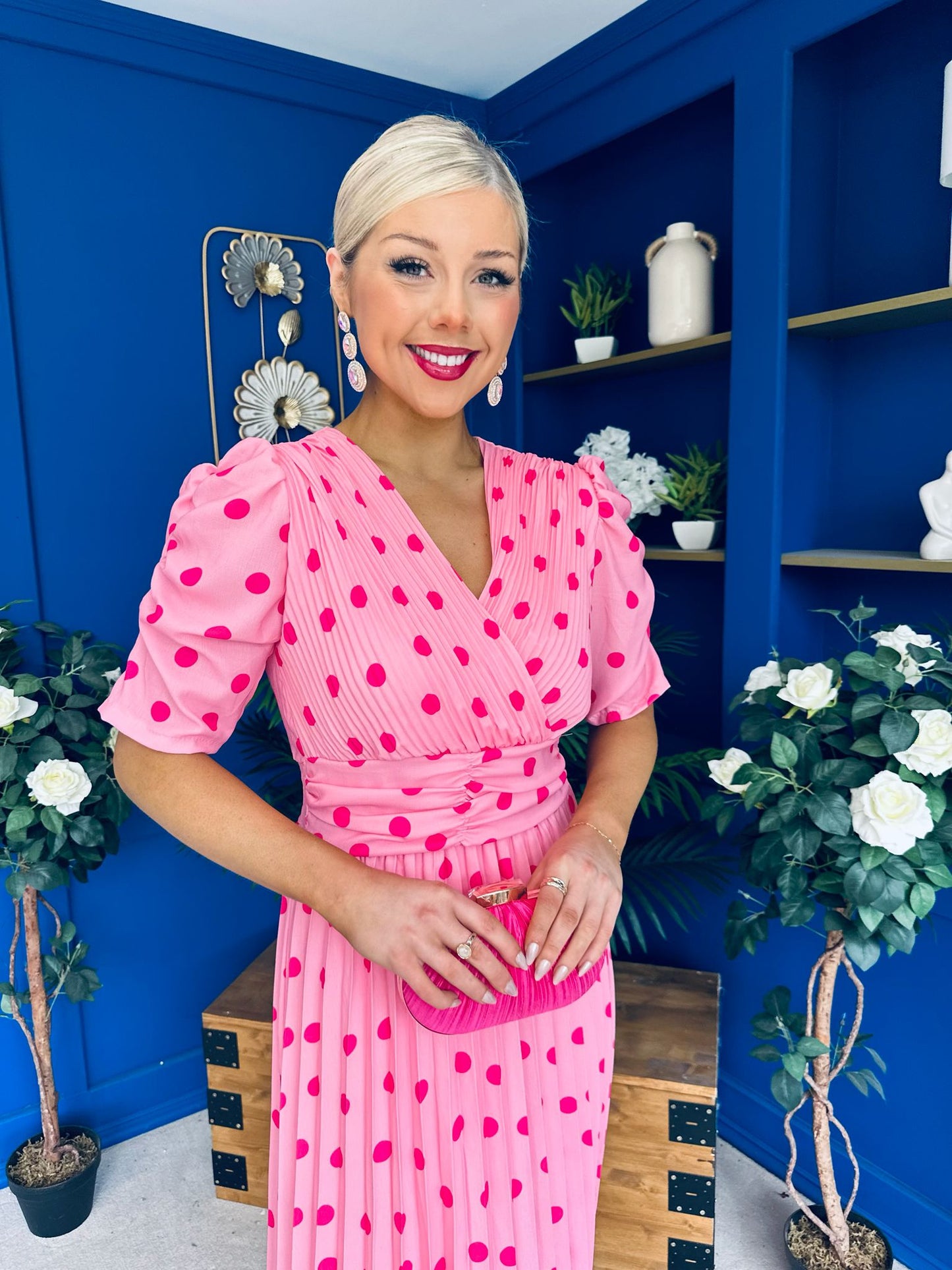Eirinn Pleated Midi Dress Polka Pink