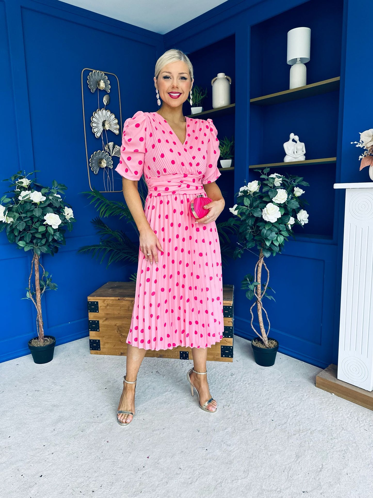 Eirinn Pleated Midi Dress Polka Pink