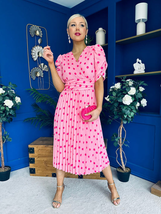 Eirinn Pleated Midi Dress Polka Pink