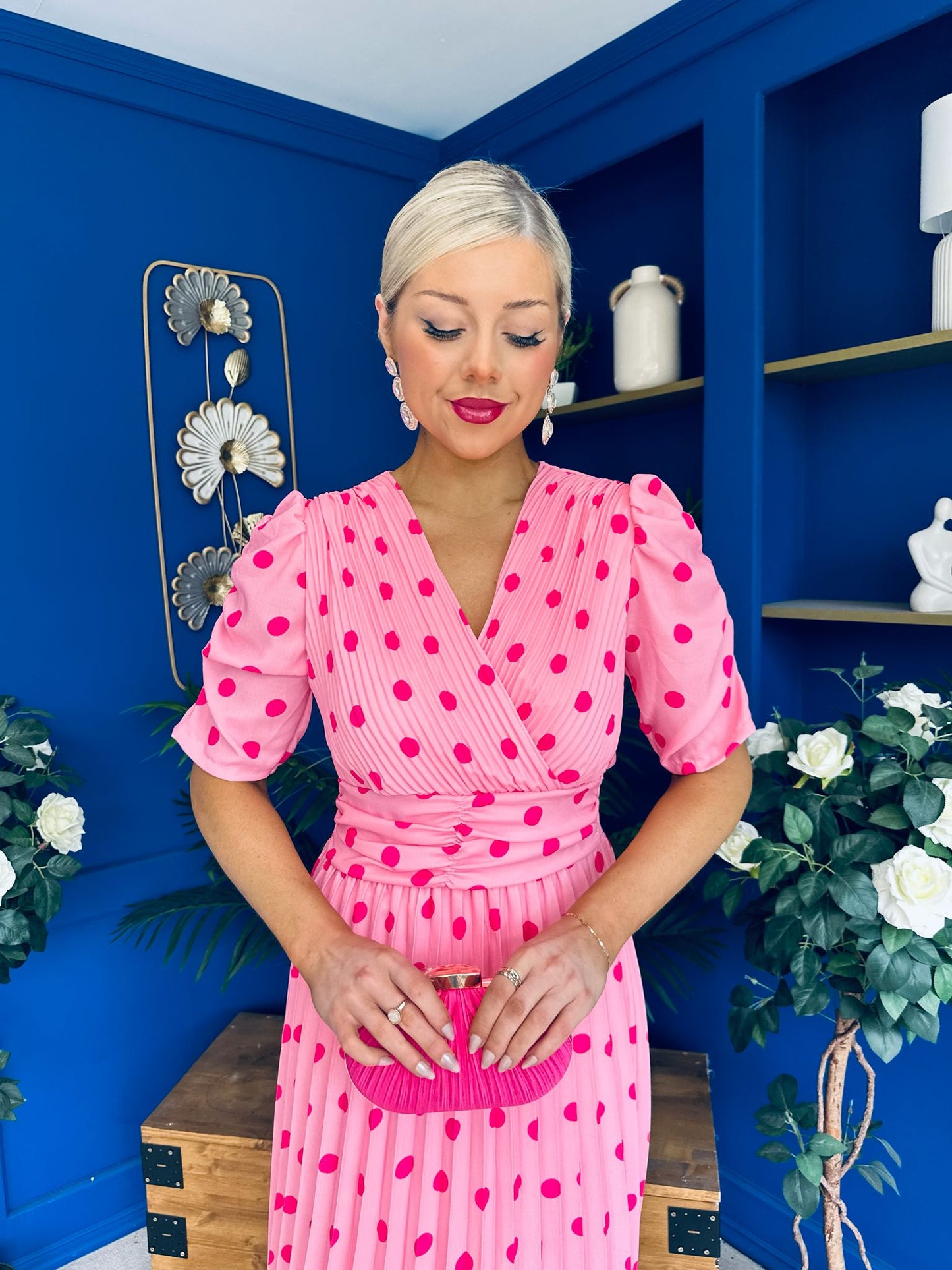 Eirinn Pleated Midi Dress Polka Pink