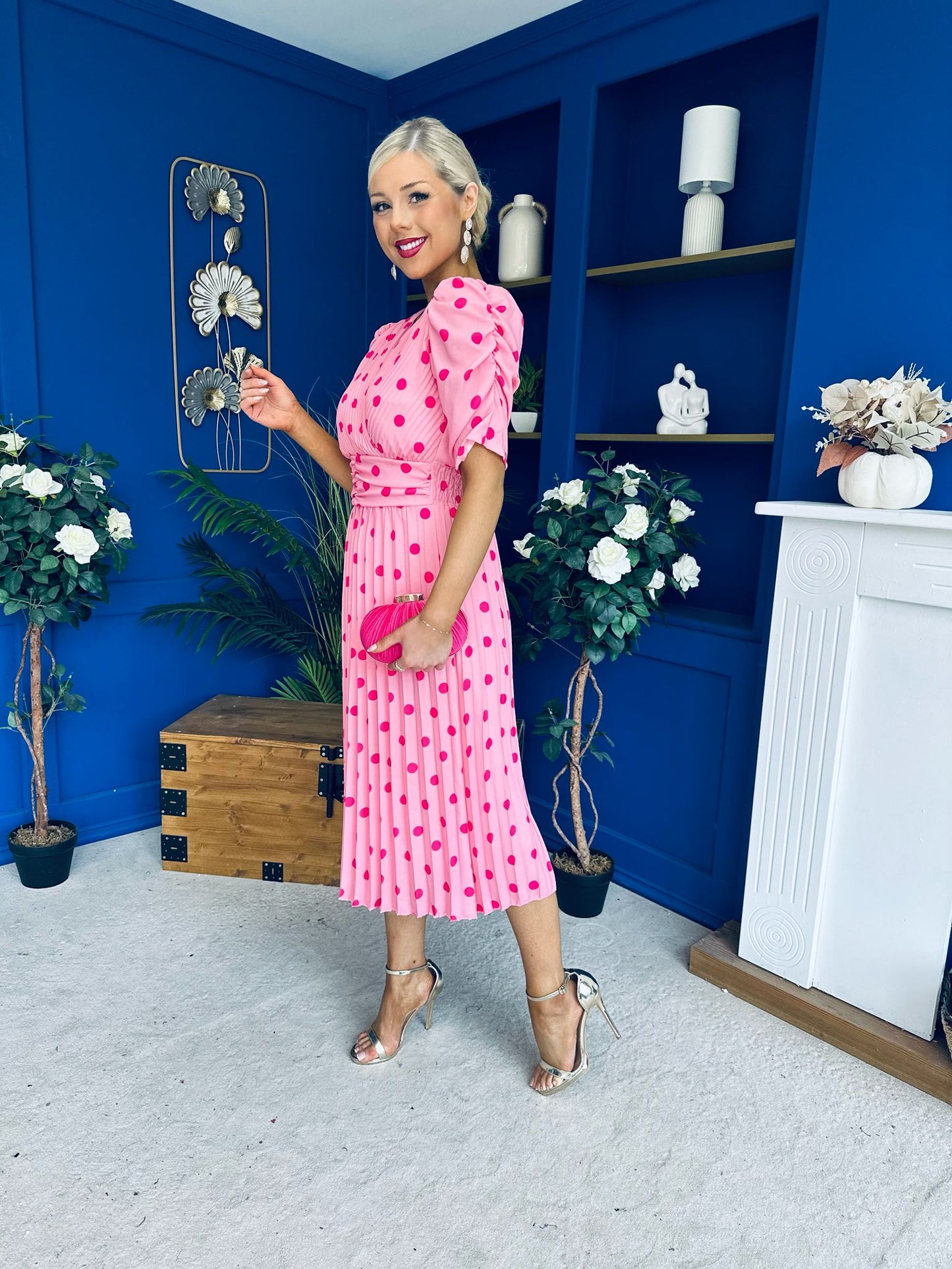Eirinn Pleated Midi Dress Polka Pink