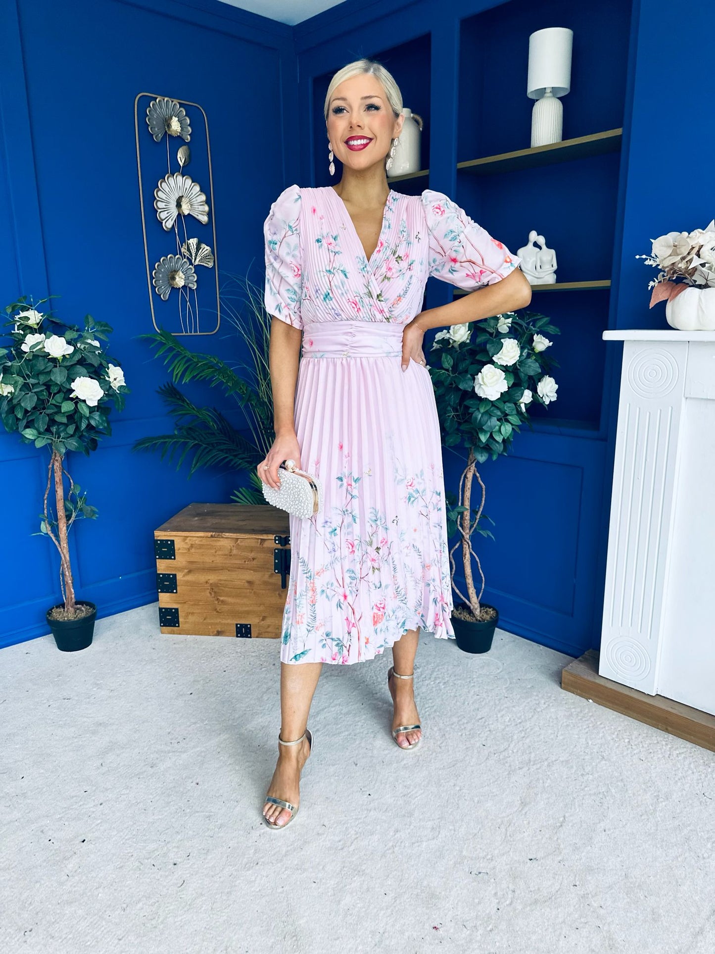 Eirinn Pleated Midi Dress Floral Pwr Pink