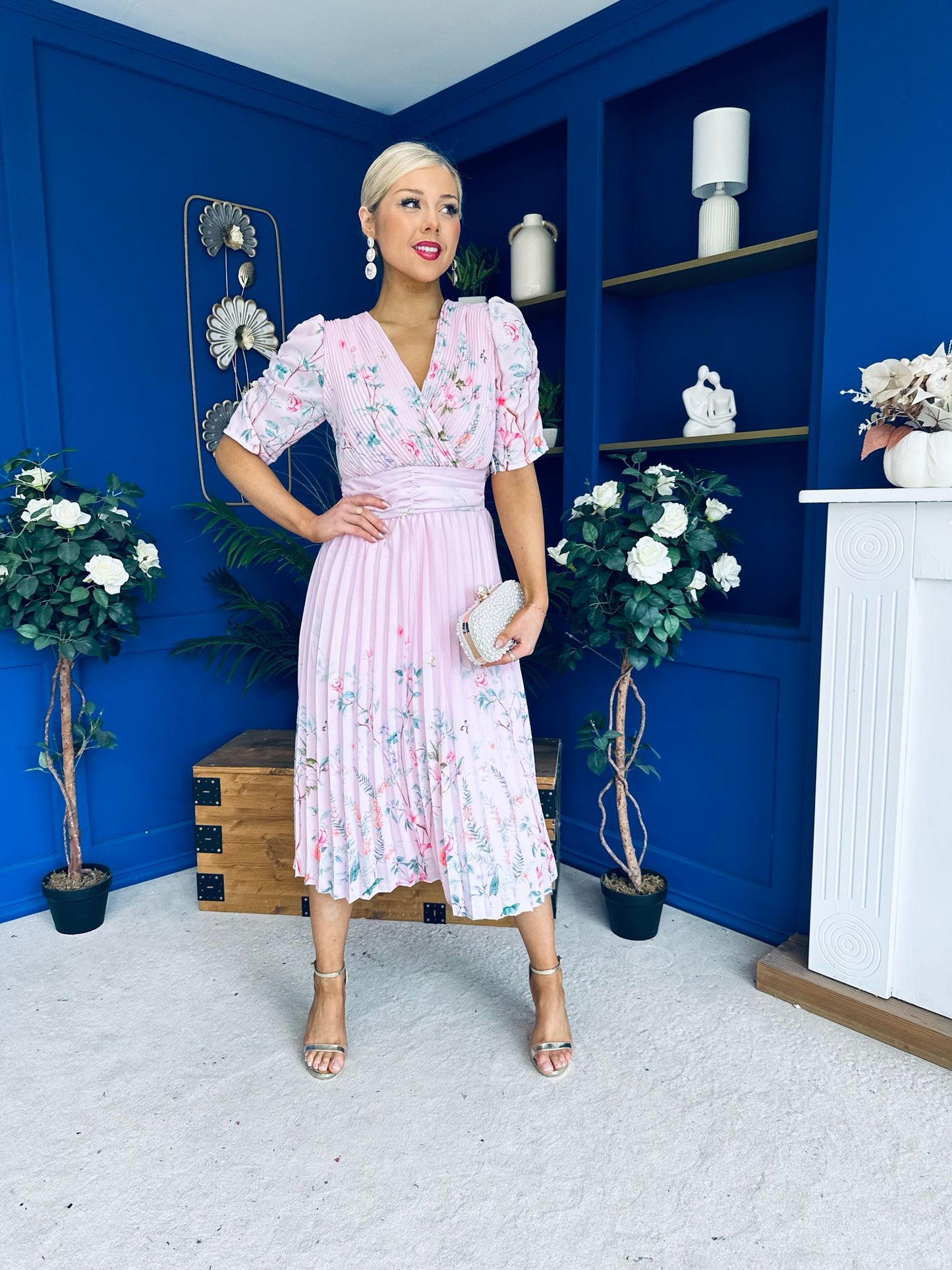 Eirinn Pleated Midi Dress Floral Pwr Pink