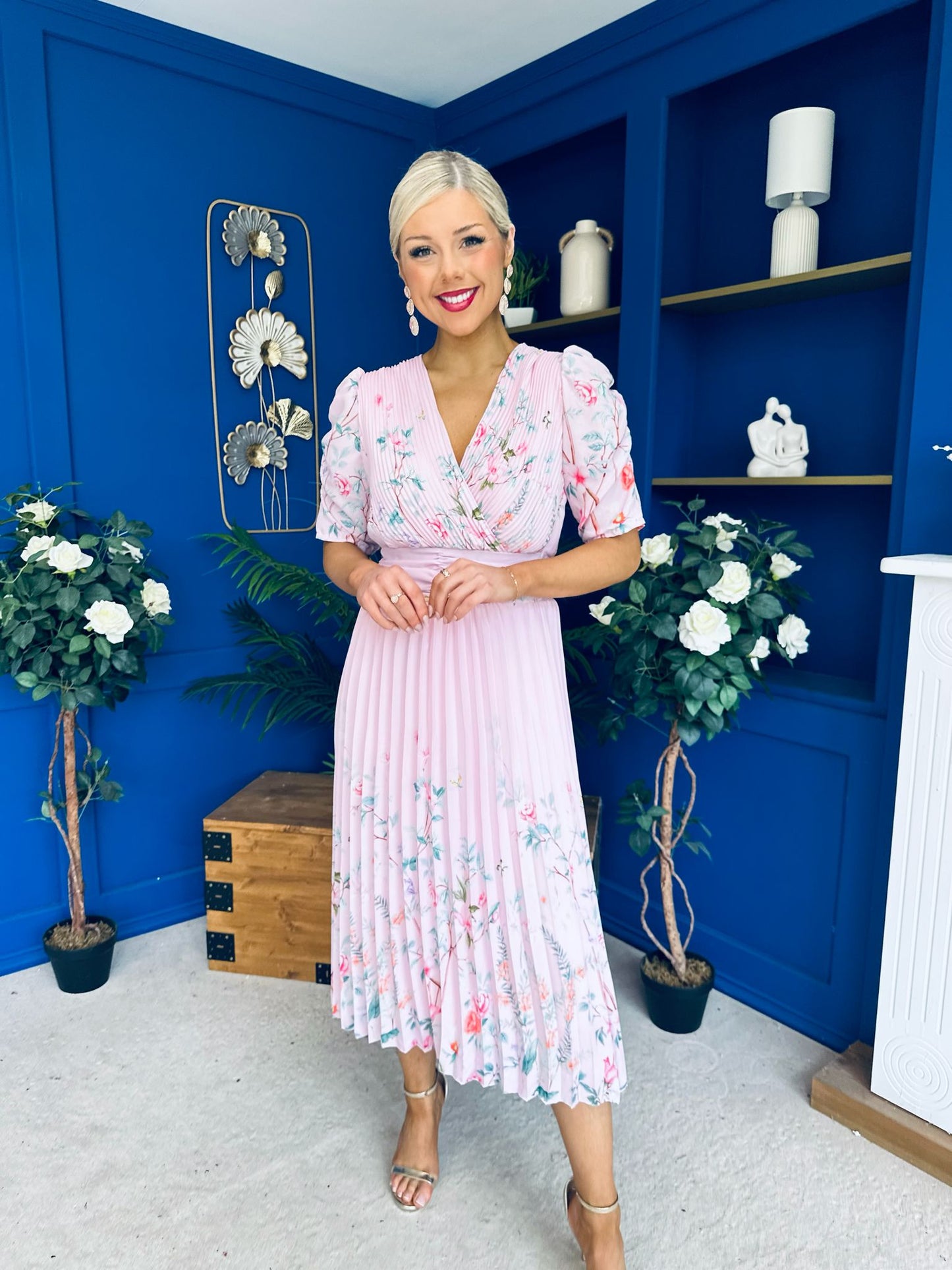 Eirinn Pleated Midi Dress Floral Pwr Pink