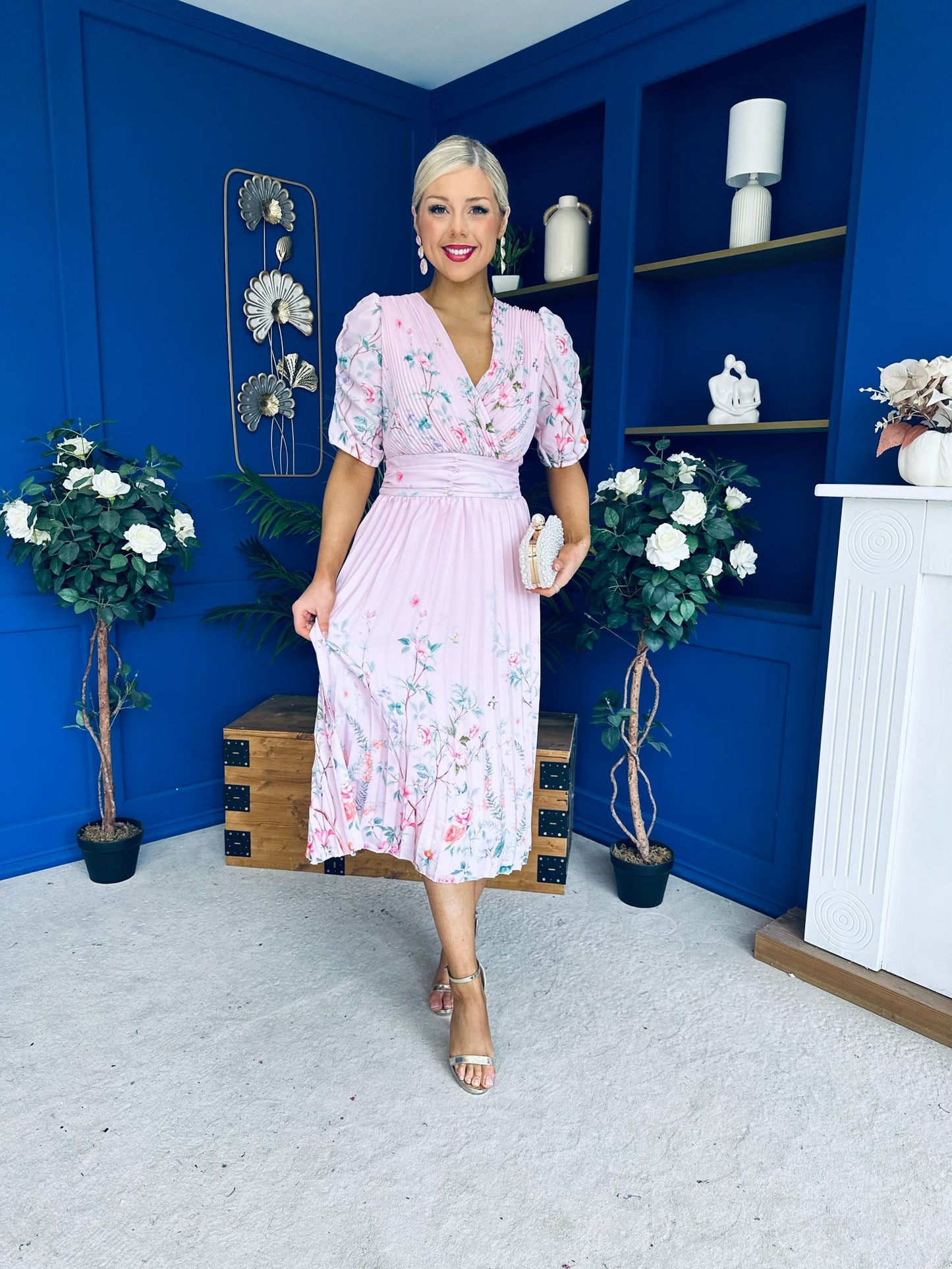 Eirinn Pleated Midi Dress Floral Pwr Pink