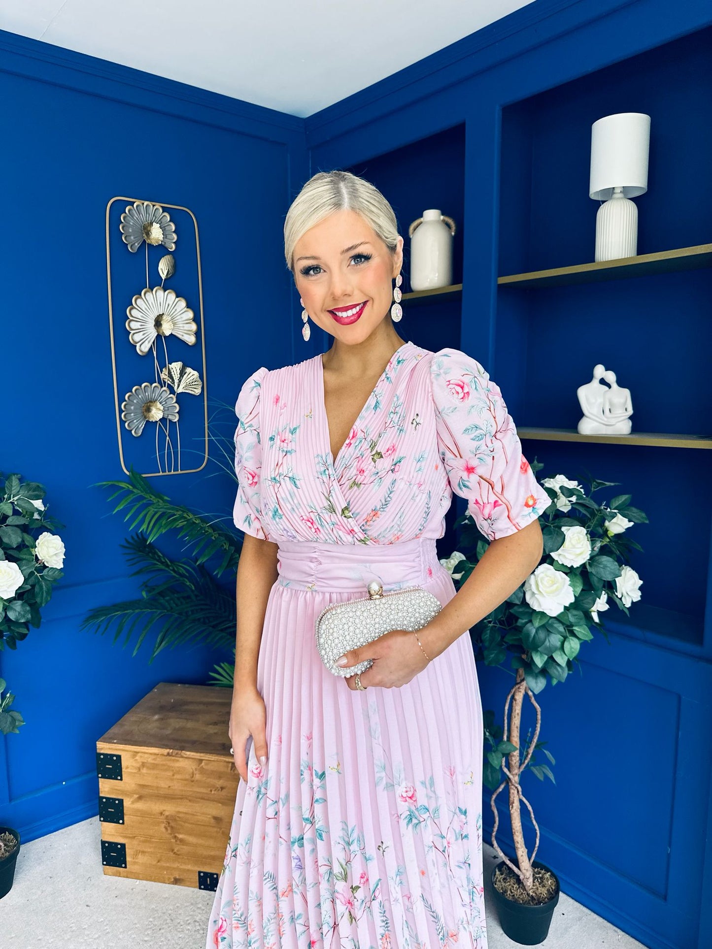 Eirinn Pleated Midi Dress Floral Pwr Pink