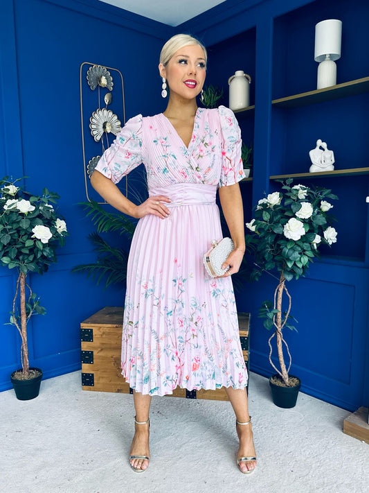 Eirinn Pleated Midi Dress Floral Pwr Pink