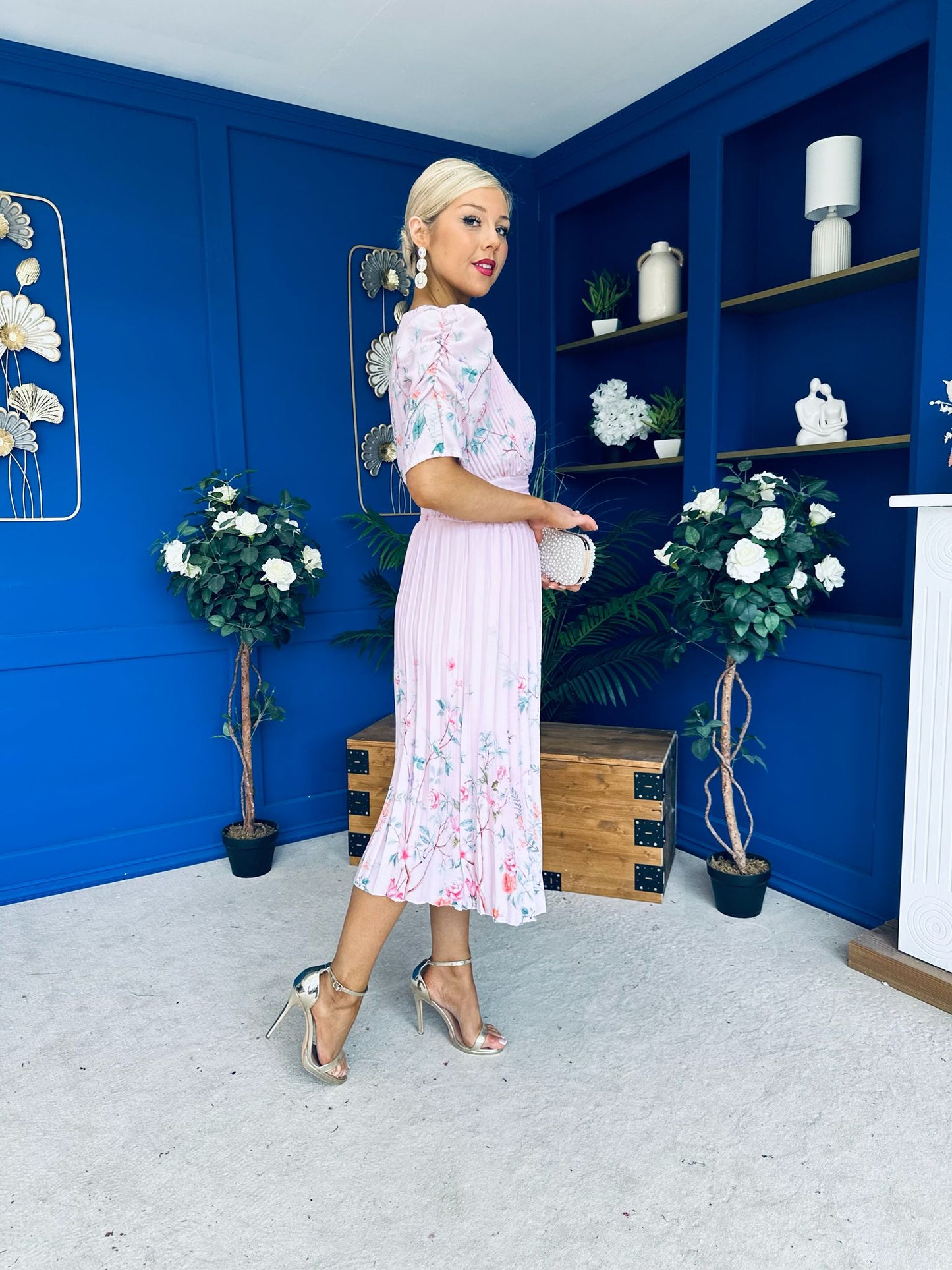 Eirinn Pleated Midi Dress Floral Pwr Pink