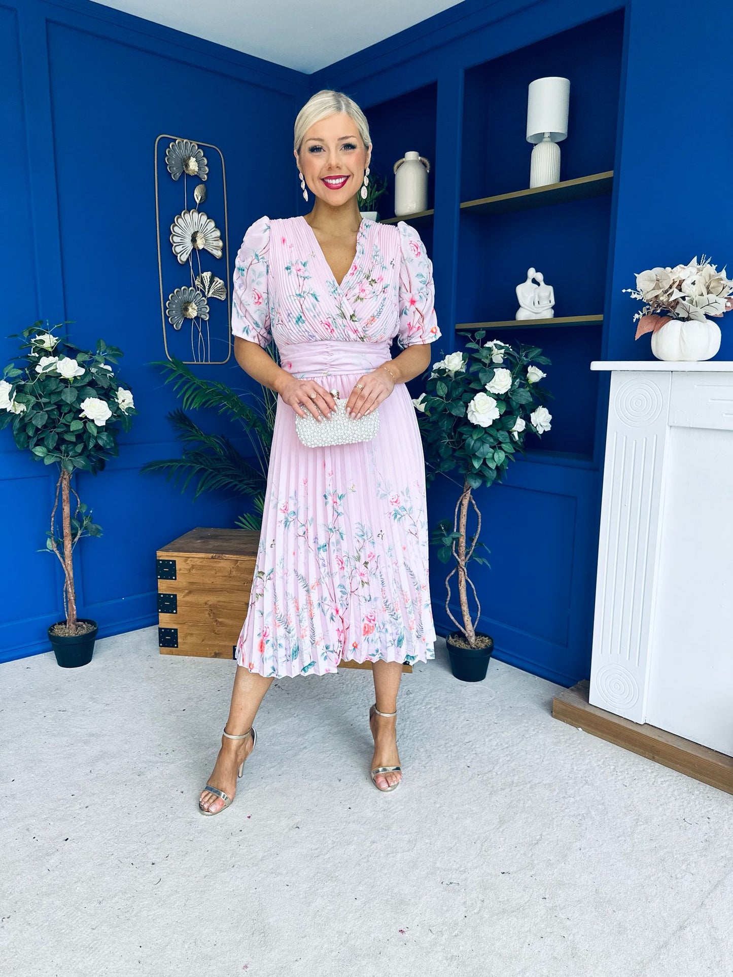 Eirinn Pleated Midi Dress Floral Pwr Pink