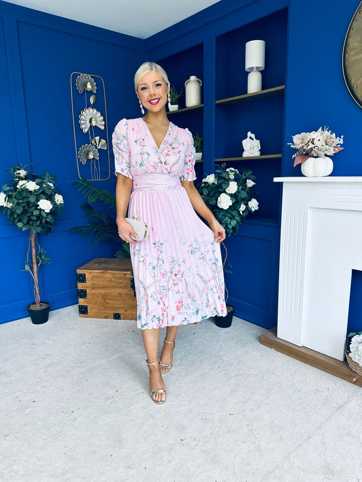Eirinn Pleated Midi Dress Floral Pwr Pink
