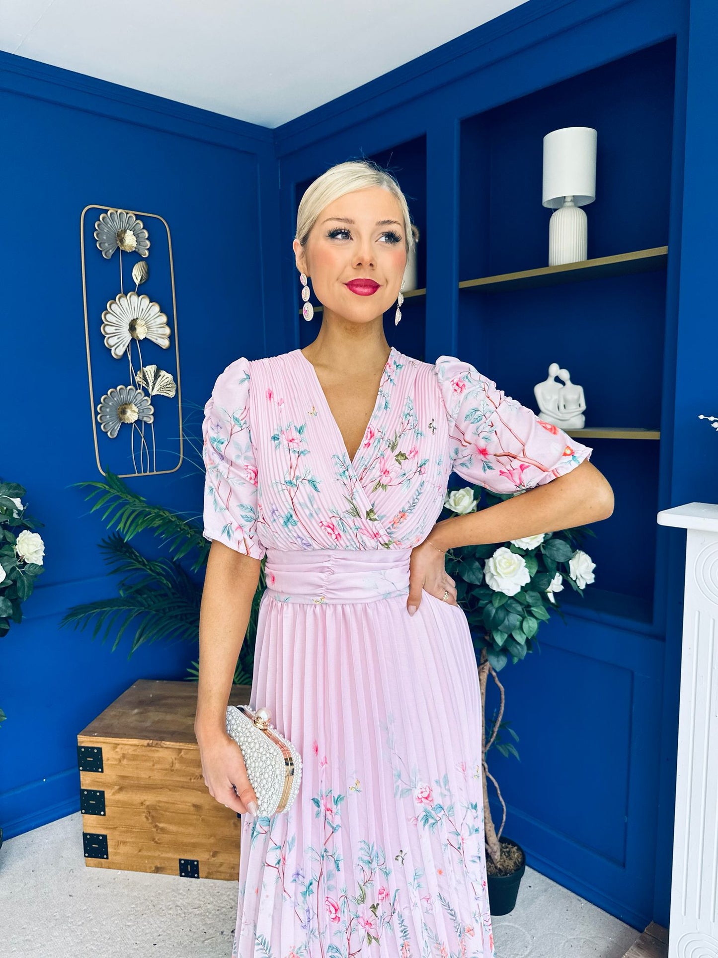 Eirinn Pleated Midi Dress Floral Pwr Pink