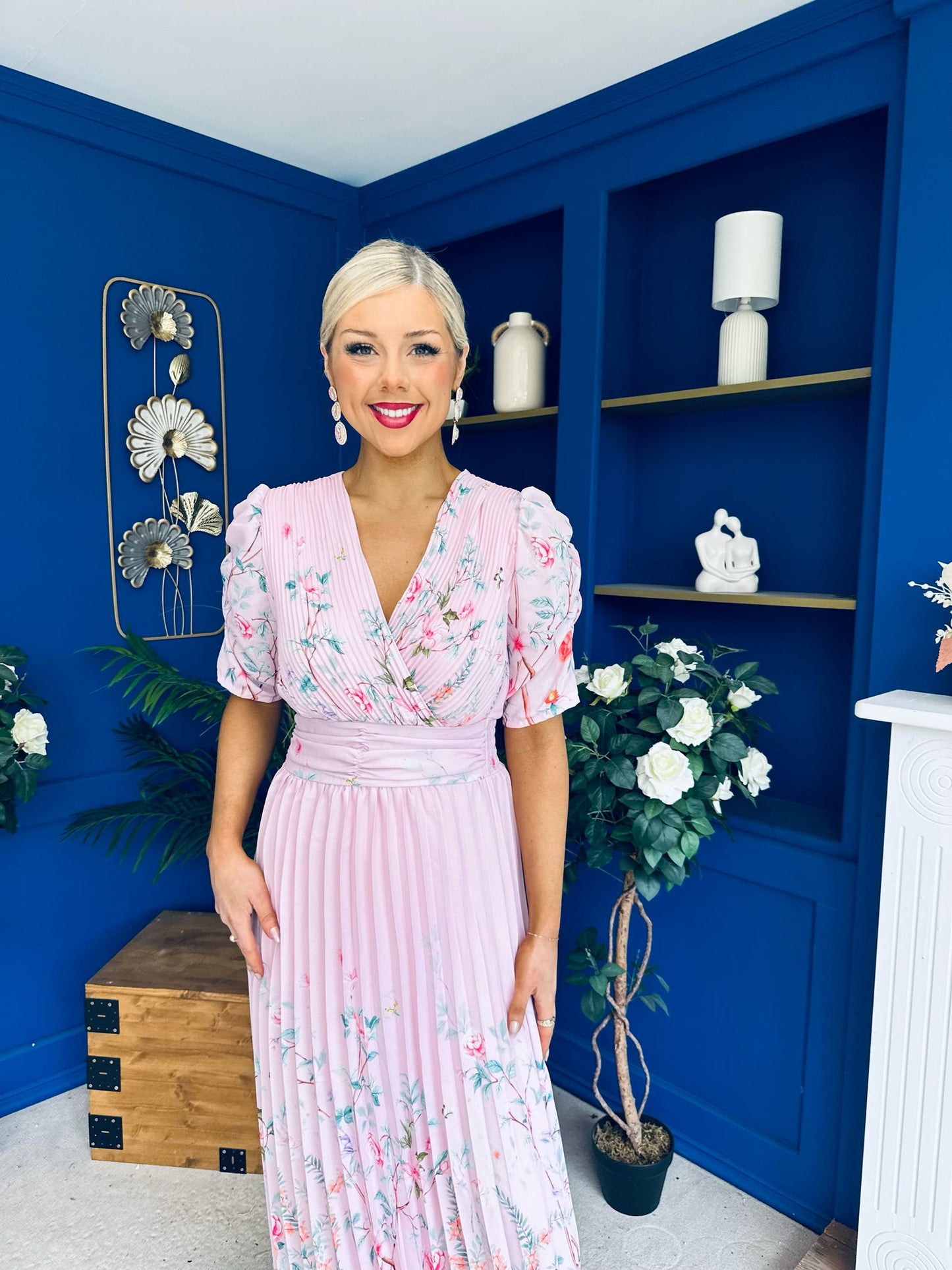 Eirinn Pleated Midi Dress Floral Pwr Pink