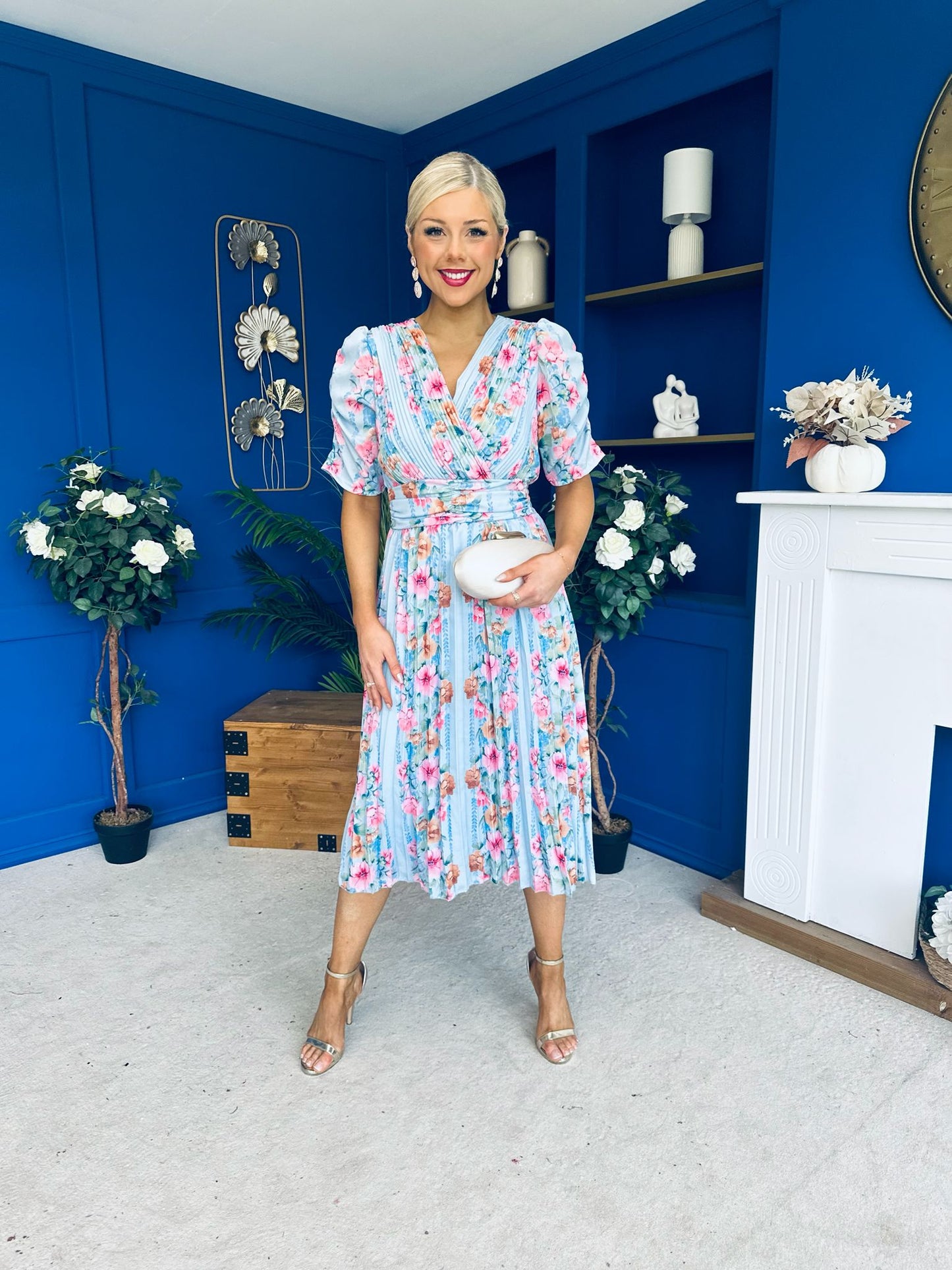 Eirinn Pleated Midi Dress Floral Blue