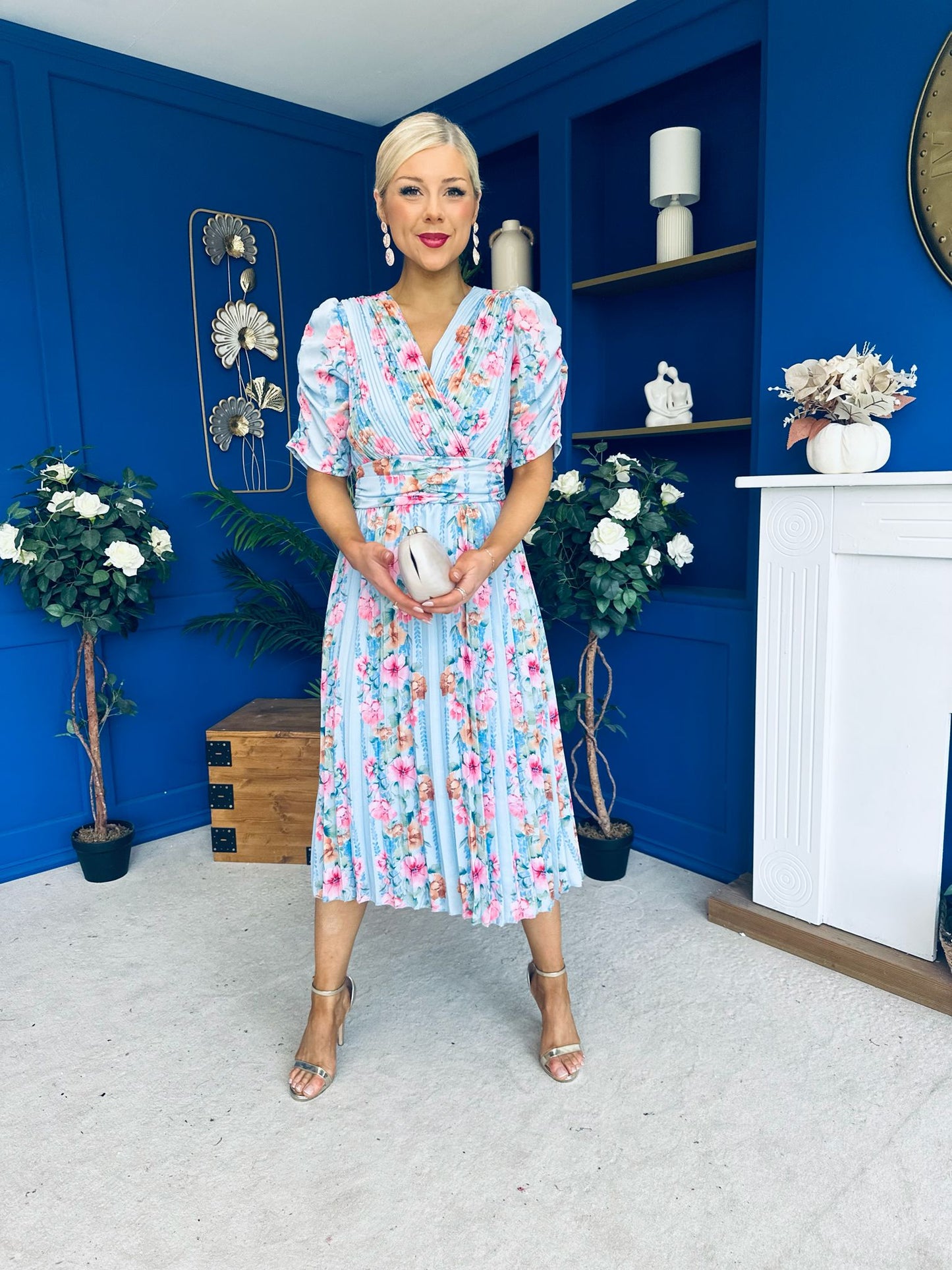 Eirinn Pleated Midi Dress Floral Blue