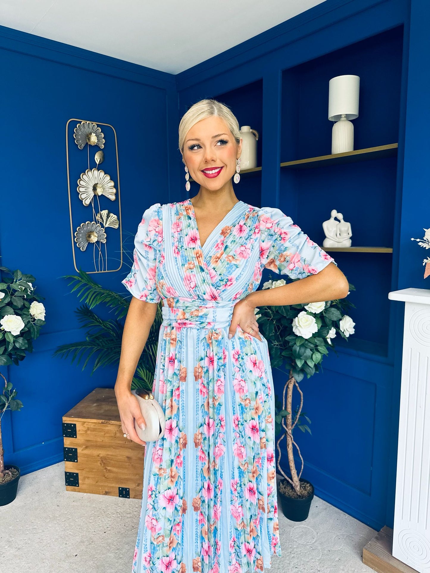 Eirinn Pleated Midi Dress Floral Blue