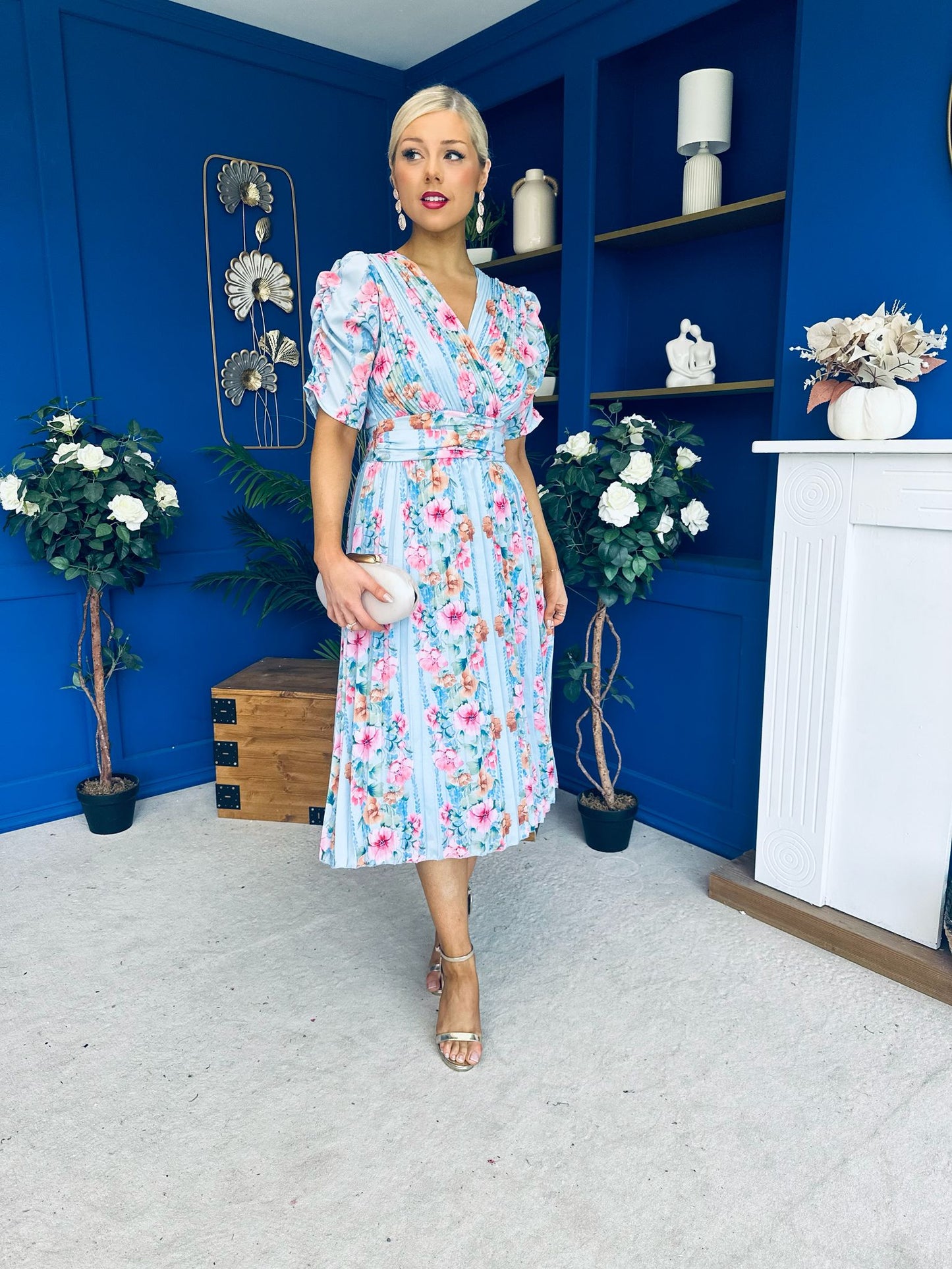 Eirinn Pleated Midi Dress Floral Blue