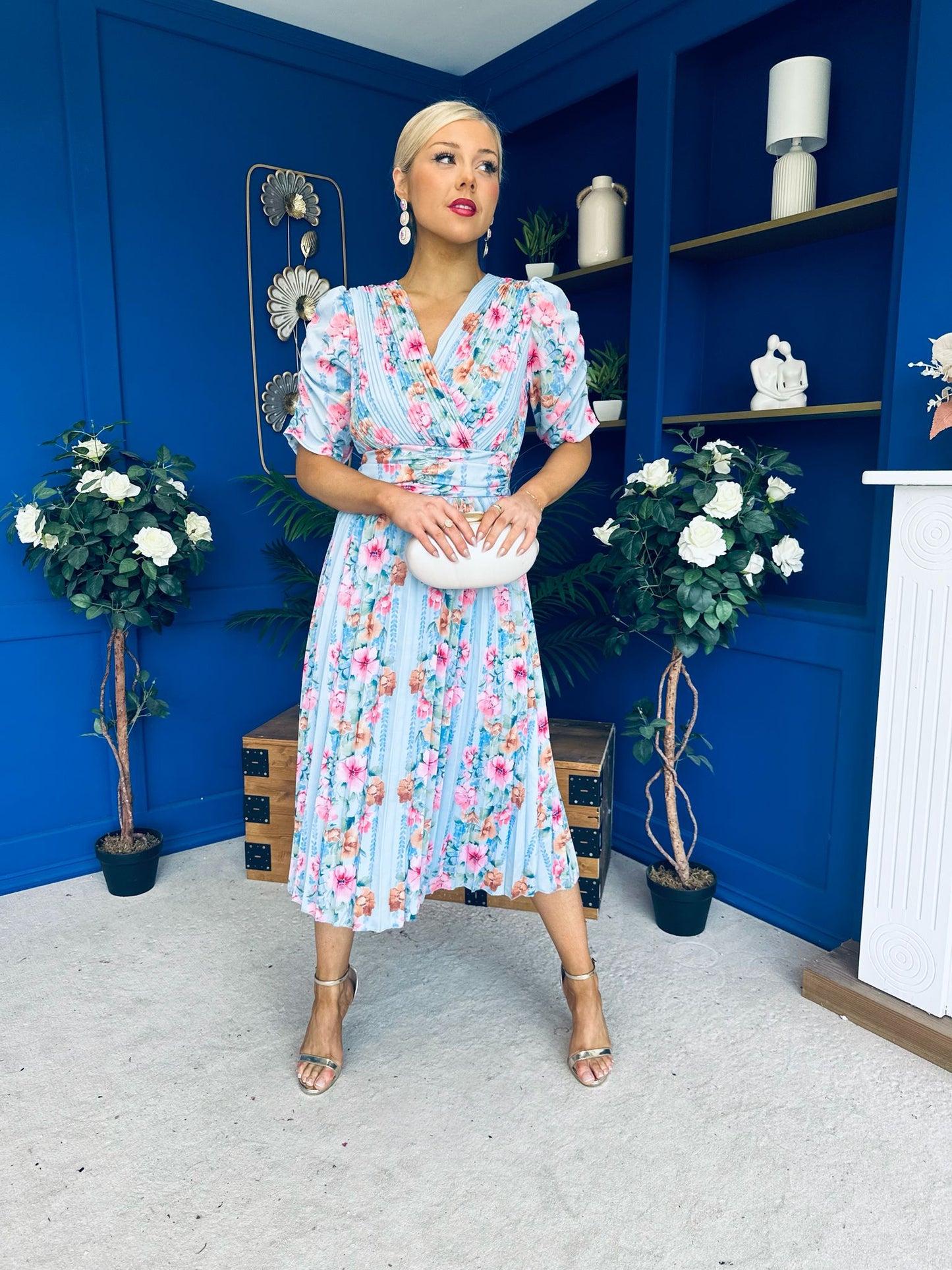 Eirinn Pleated Midi Dress Floral Blue