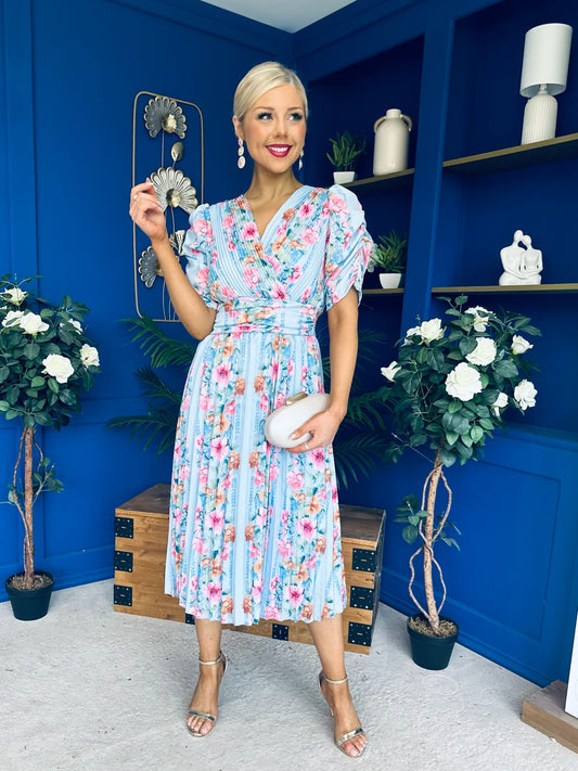 Eirinn Pleated Midi Dress Floral Blue