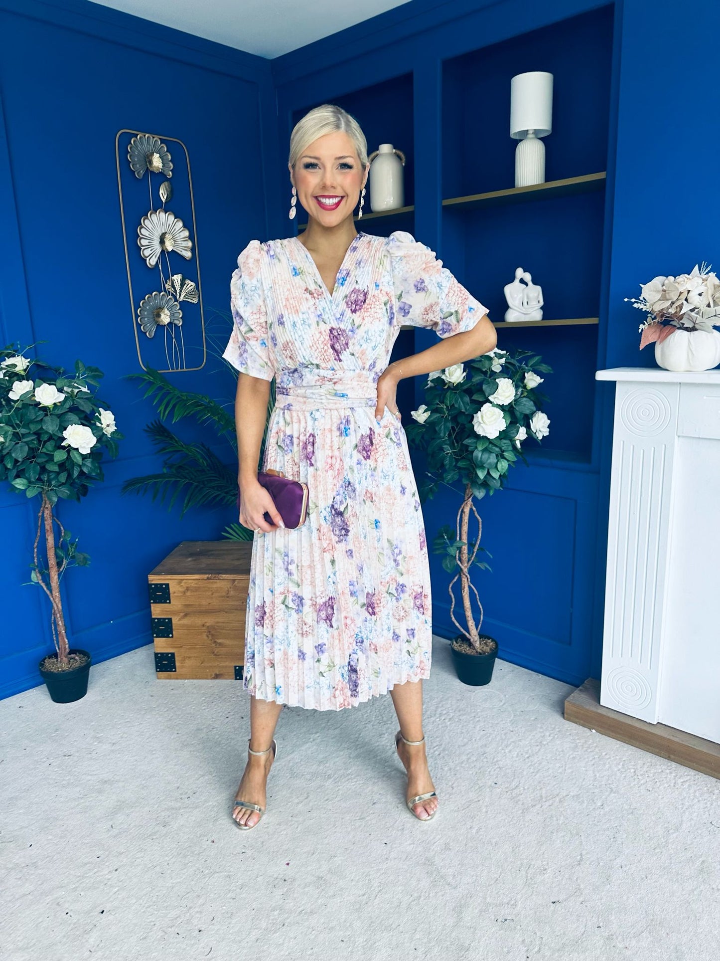 Eirinn Pleated Midi Dress Floral Cream