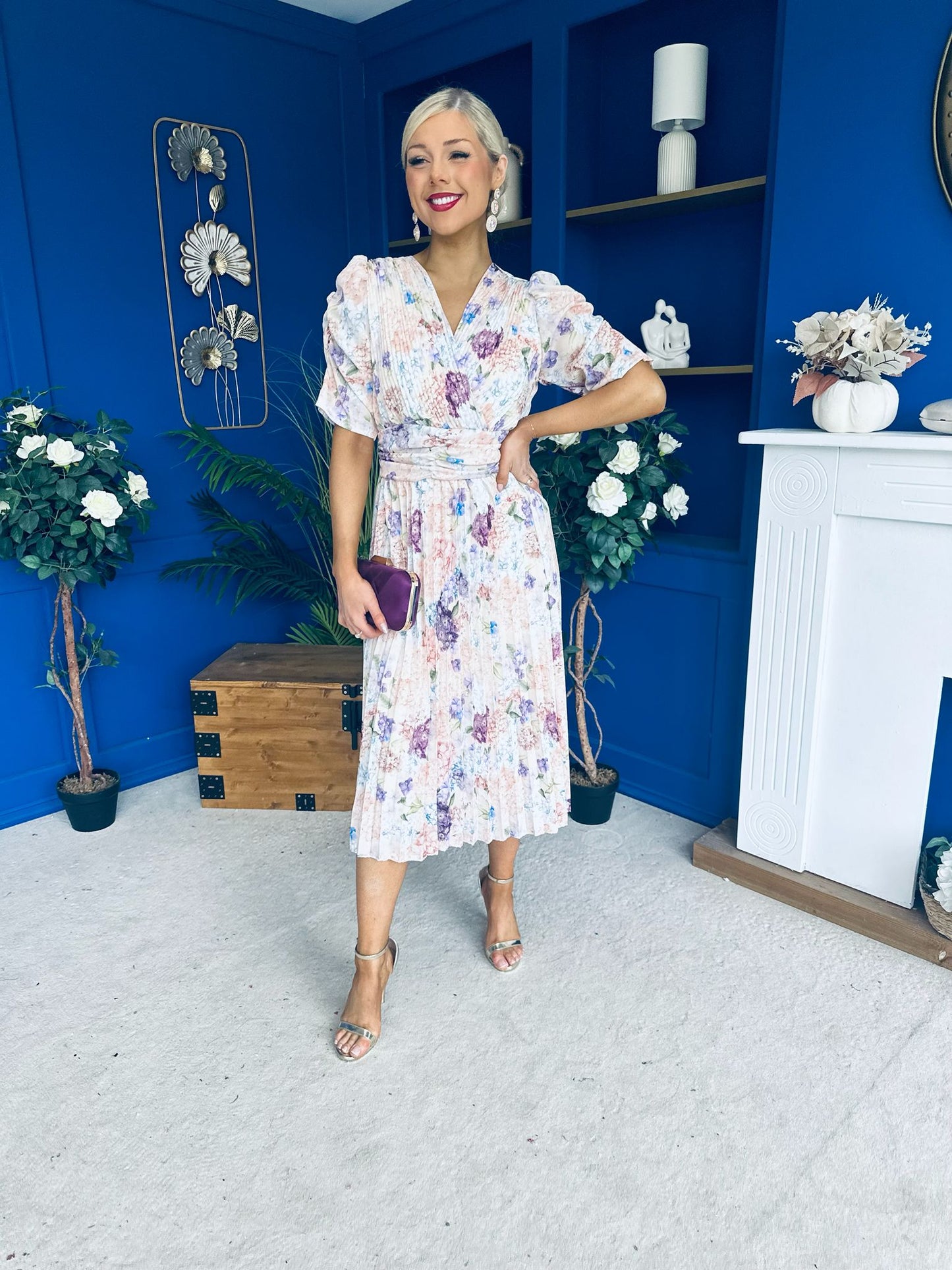 Eirinn Pleated Midi Dress Floral Cream