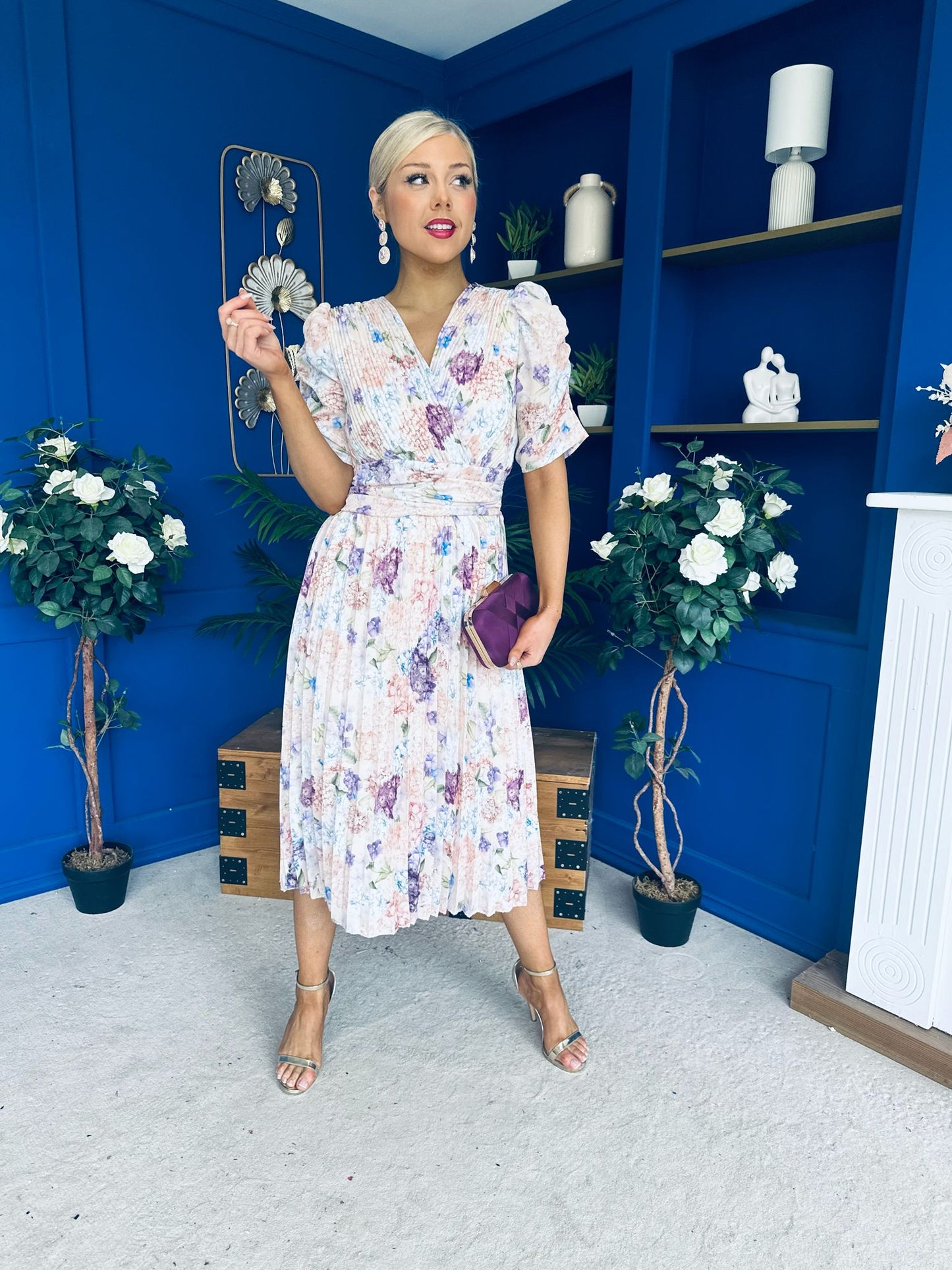 Eirinn Pleated Midi Dress Floral Cream