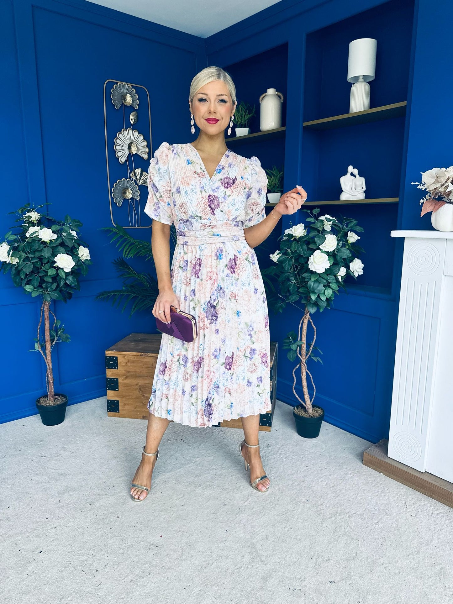 Eirinn Pleated Midi Dress Floral Cream