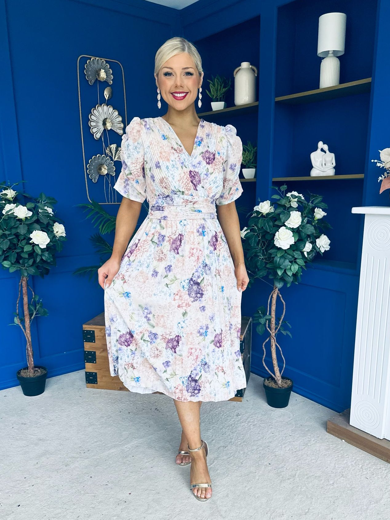 Eirinn Pleated Midi Dress Floral Cream