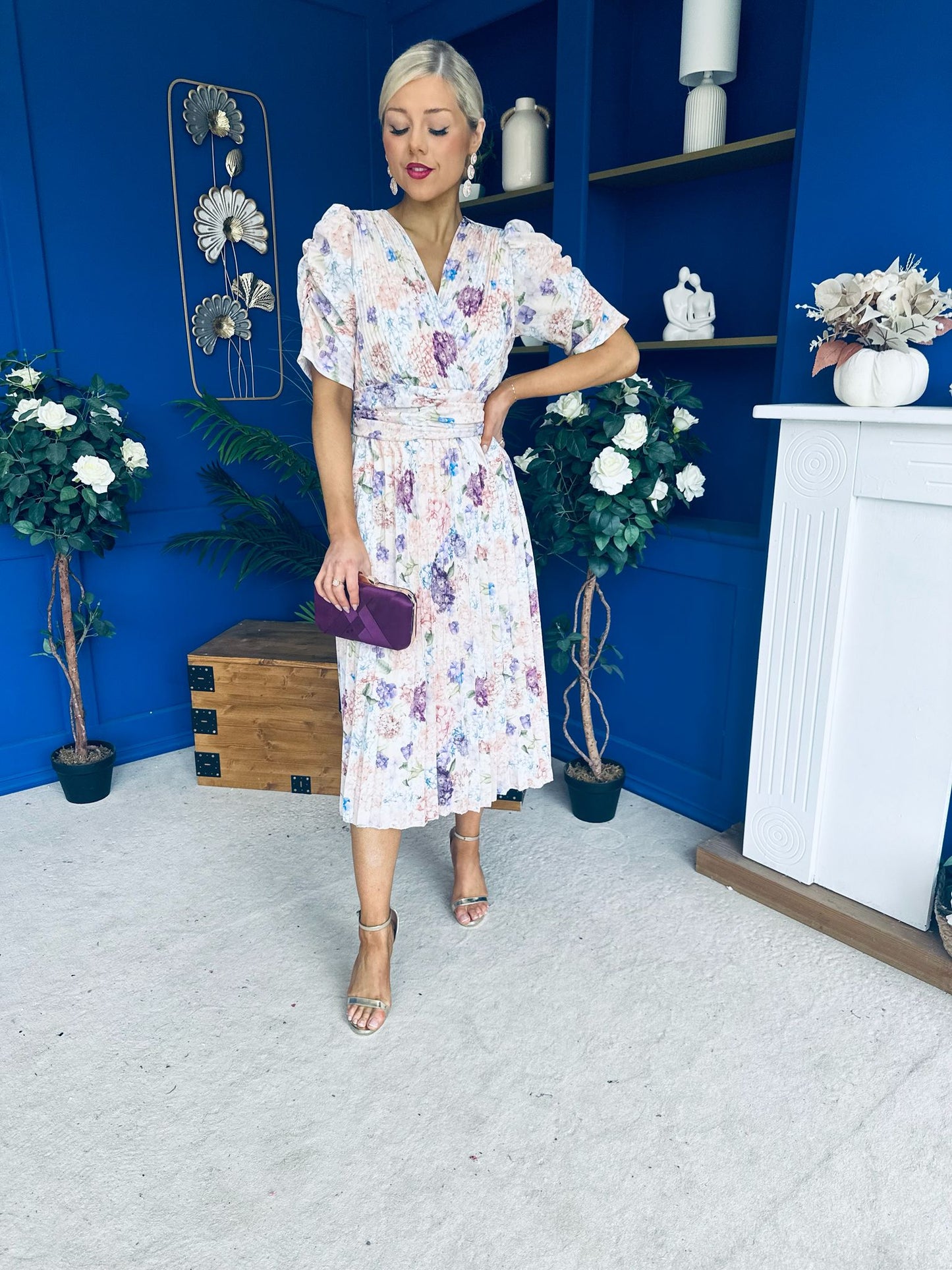 Eirinn Pleated Midi Dress Floral Cream